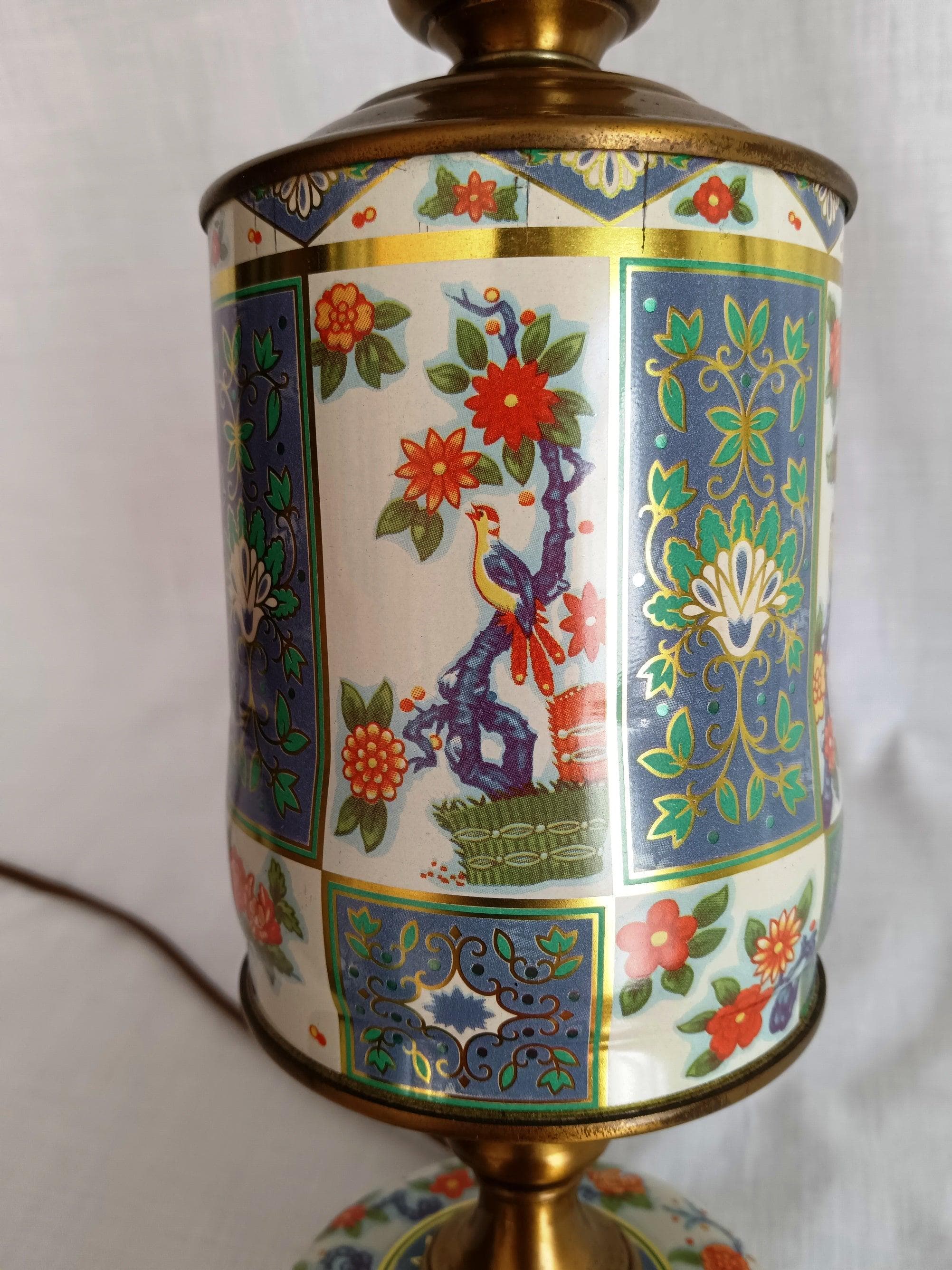 Vintage Chinoiserie Style Column Table Lamp Birds Flowers Daher Tin Solid Brass 3 Way Harp Finial 30” Tall - image 5