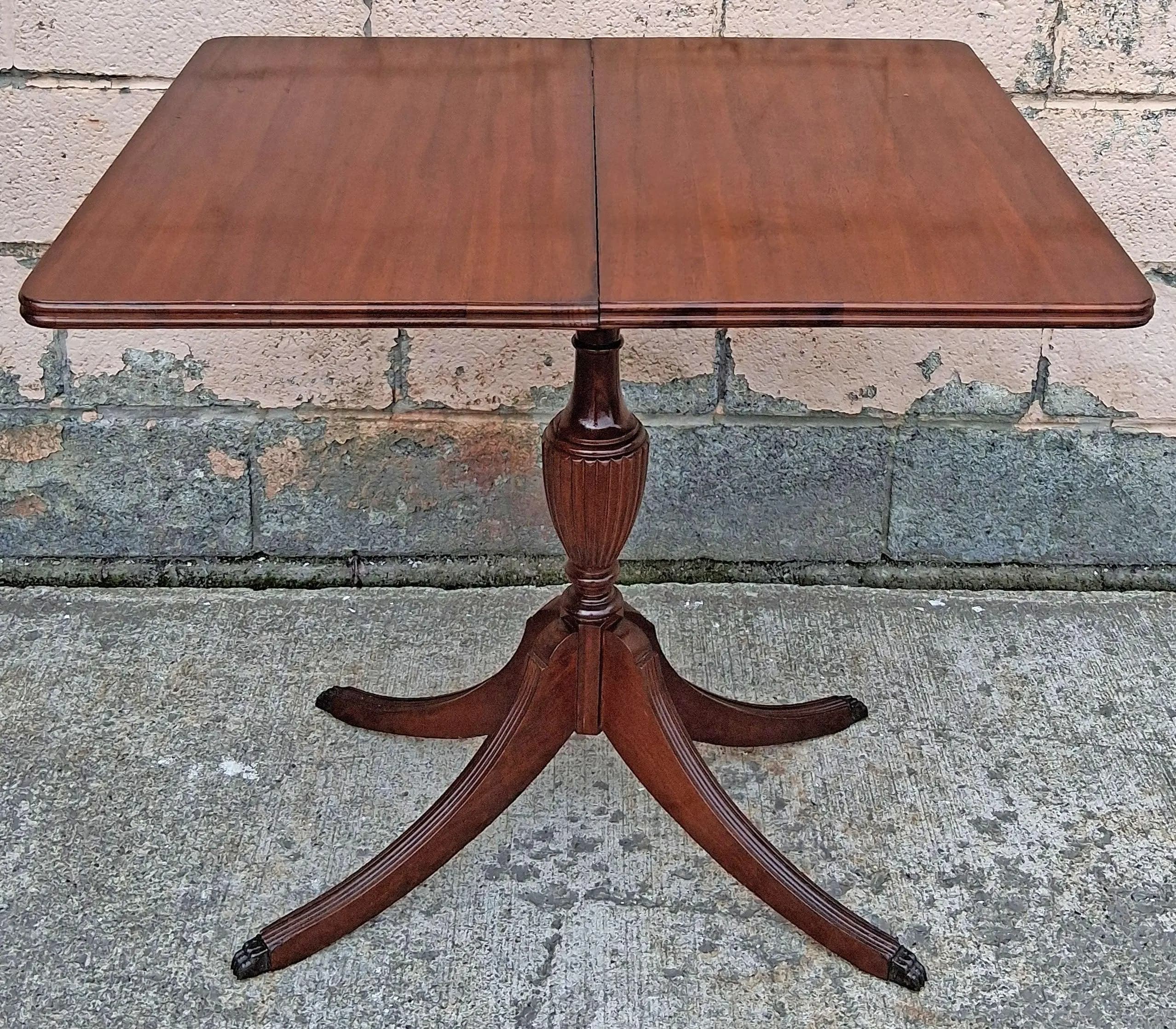 Antique Vintage Mahogany Duncan Phyfe Game Table Flip Top Card Table Folding Pedestal Console Entryway Table Claw Foot Brass Toe Cap Storage - image 3