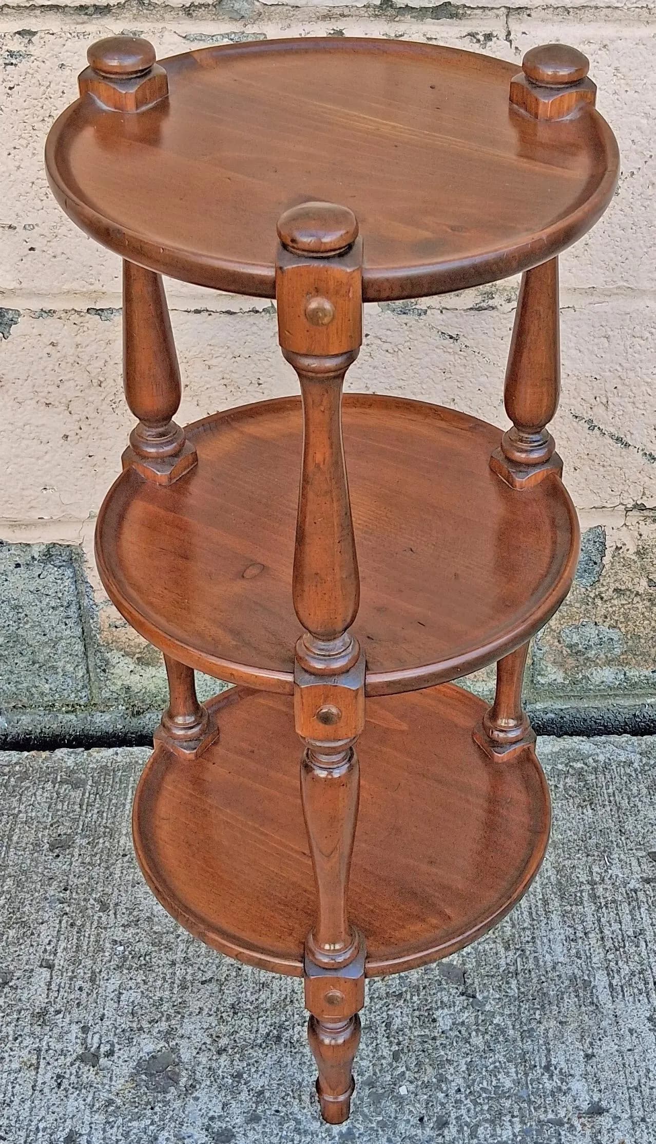 Vintage Antique Colonial Ethan Allen Maple Wood Wooden Round Three Tier Tiered Turned Spindle Accent Plant Side Stand Table Home Decor - image 3