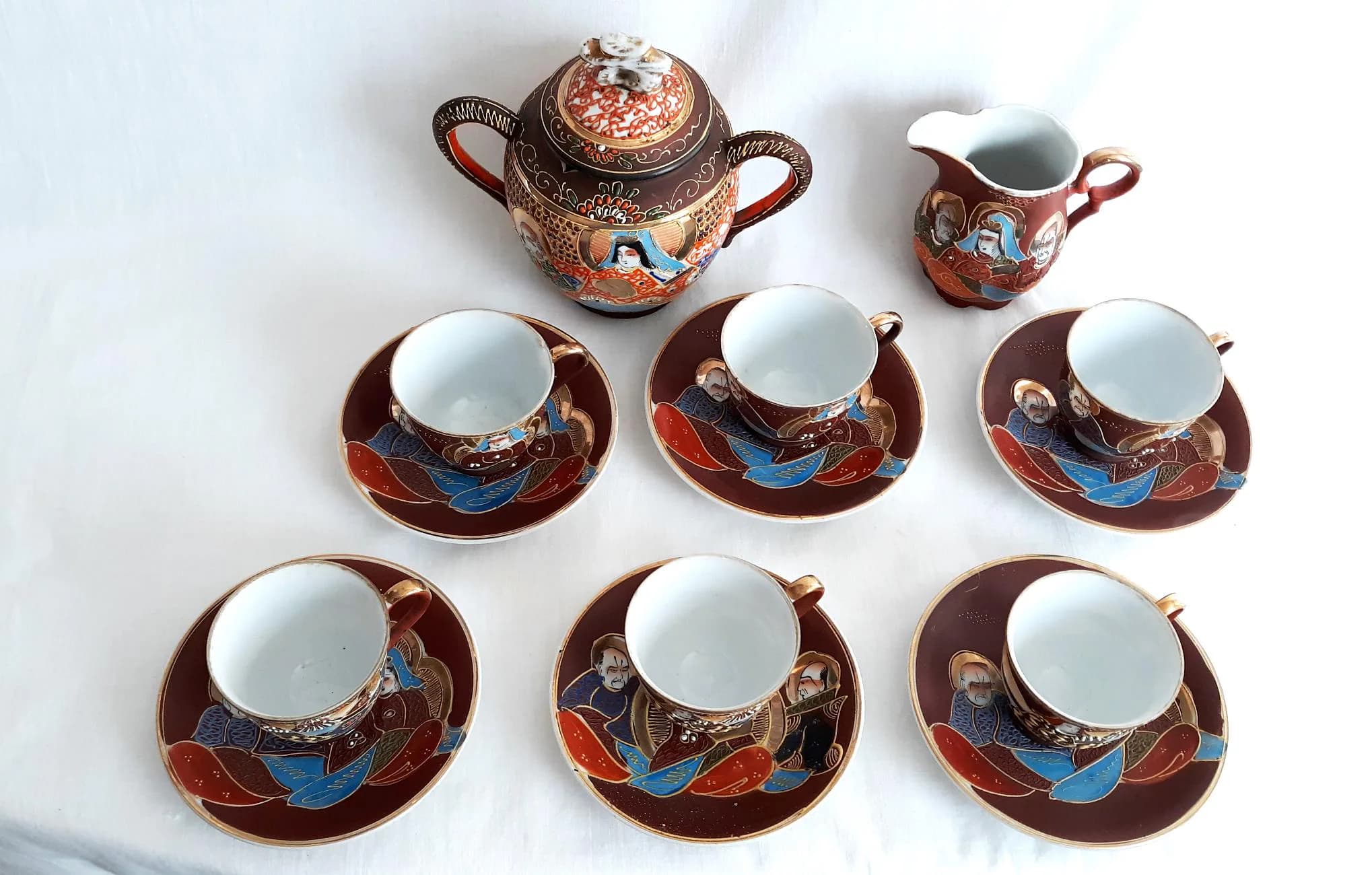 Vtg Satsuma Moriage Demitasse Porcelain Hand Painted Colorful Heavy Gilt Tea Coffee Set & Creamer 13 PCS Betson Japan Raised Geisha Designs - image 3