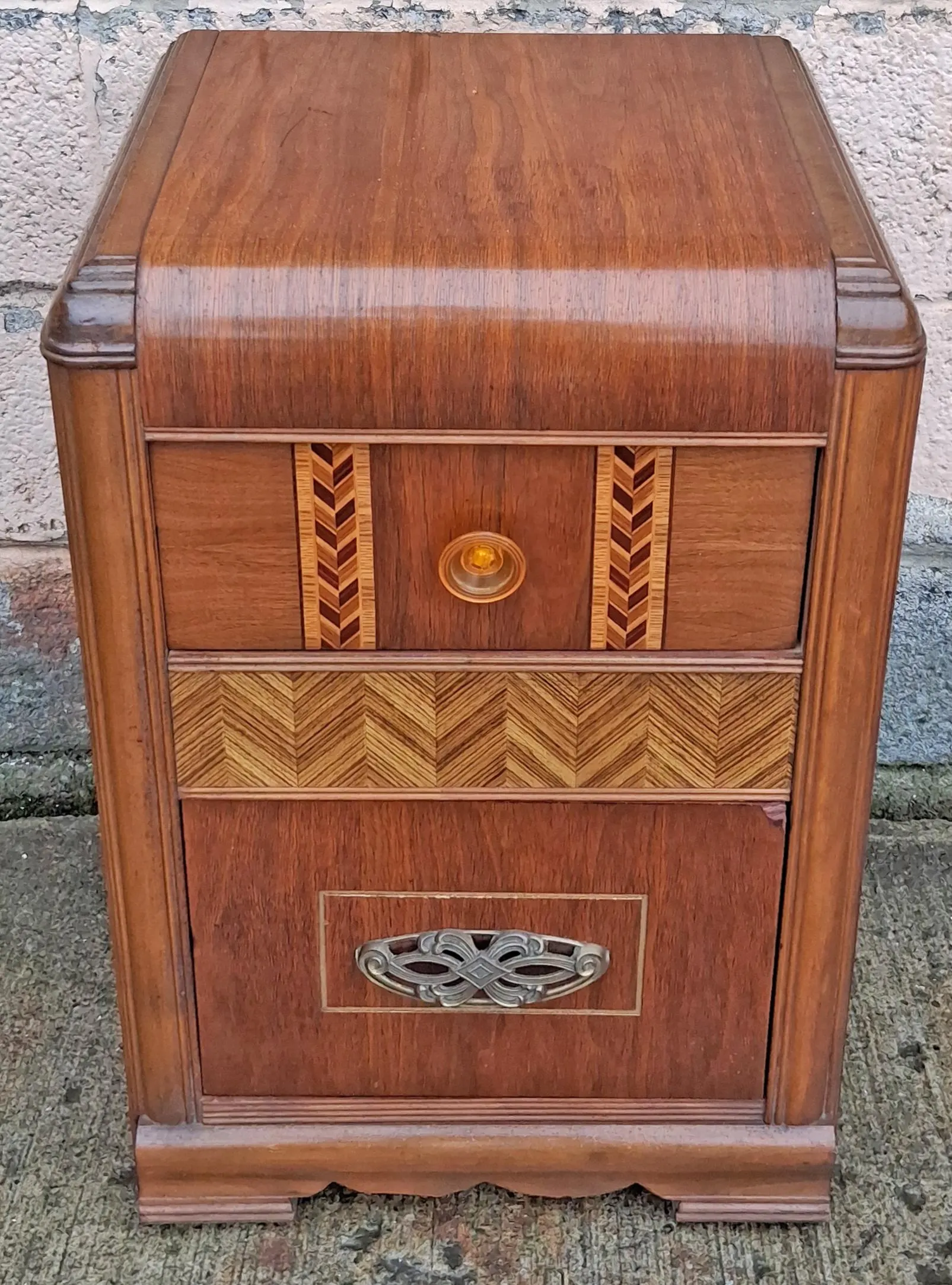 Antique Vintage Old Reclaimed Salvaged Art Deco Waterfall Solid Wood Wooden Walnut Chevron Inlay Veneer Table Nightstand Bedside Cabinet - image 3
