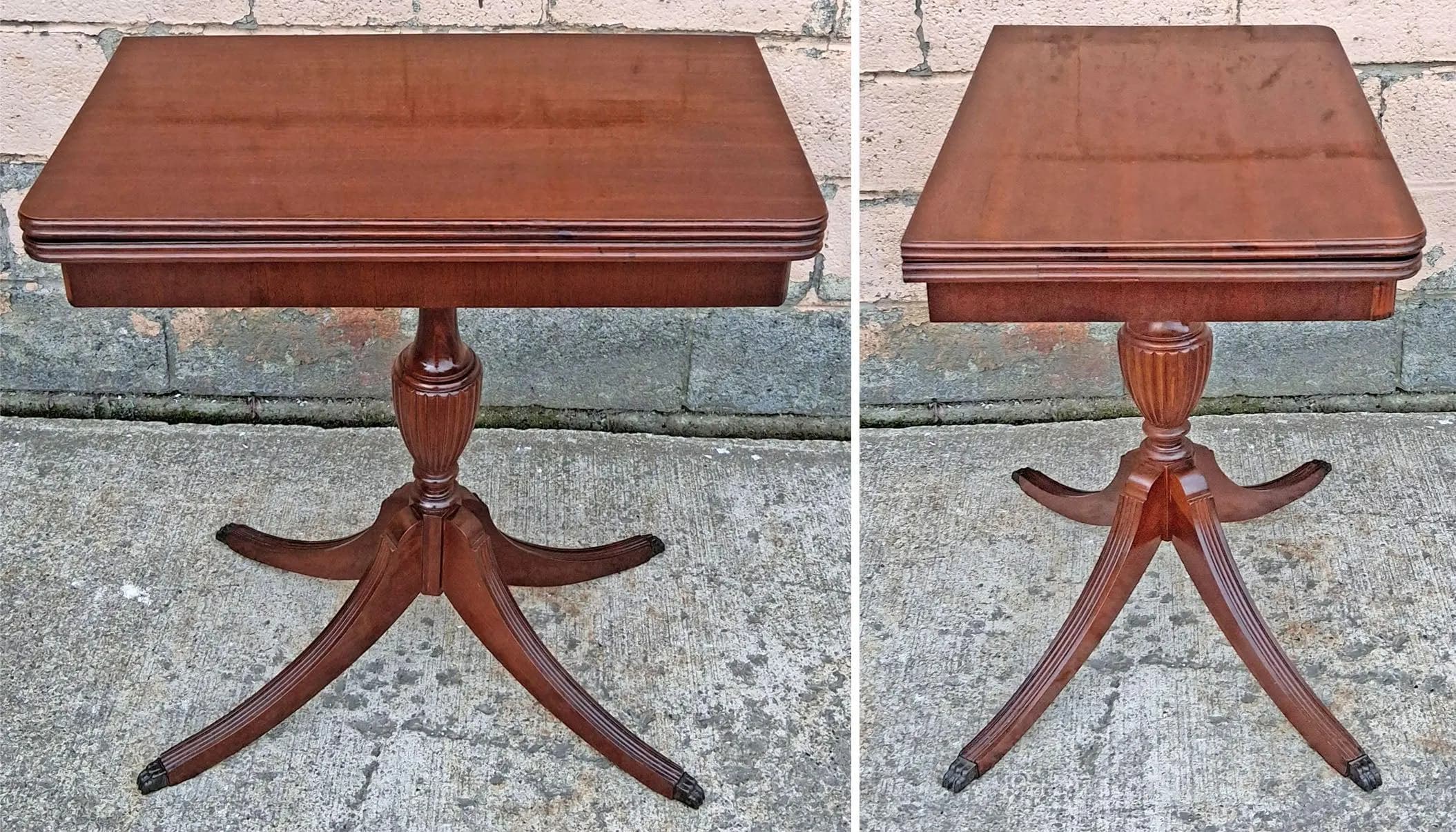 Antique Vintage Mahogany Duncan Phyfe Game Table Flip Top Card Table Folding Pedestal Console Entryway Table Claw Foot Brass Toe Cap Storage - image 5