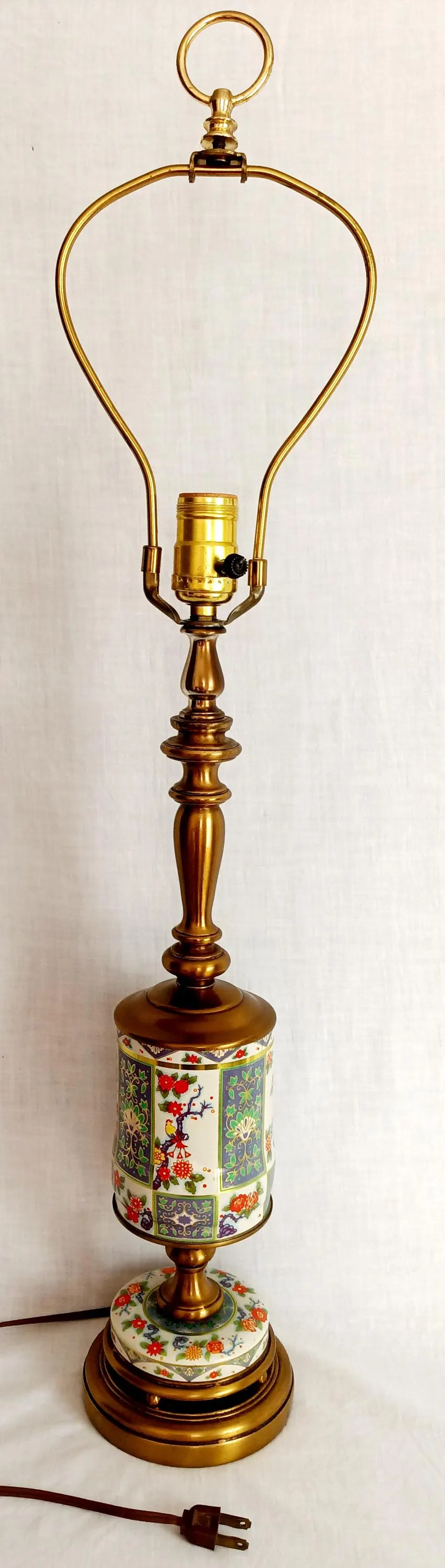 Vintage Chinoiserie Style Column Table Lamp Birds Flowers Daher Tin Solid Brass 3 Way Harp Finial 30” Tall - image 3