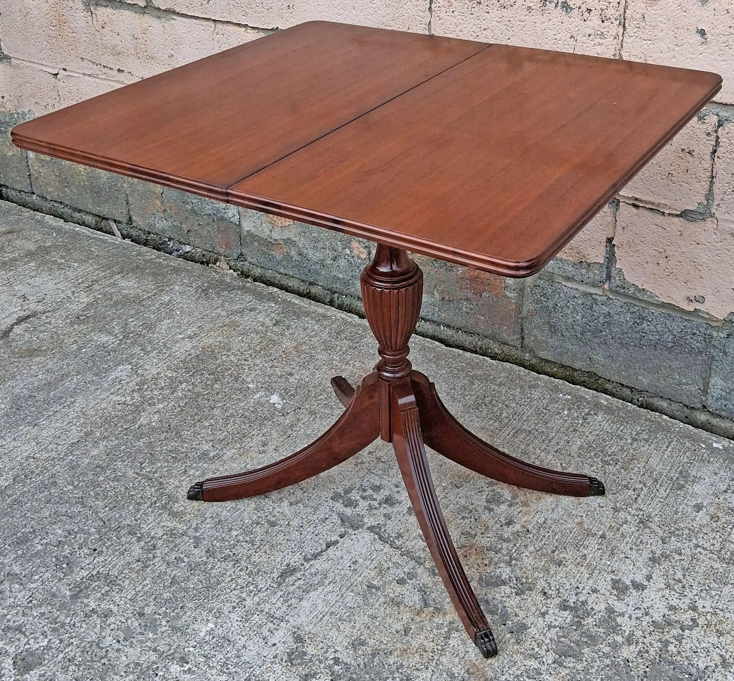 Antique Vintage Mahogany Duncan Phyfe Game Table Flip Top Card Table Folding Pedestal Console Entryway Table Claw Foot Brass Toe Cap Storage - image 4