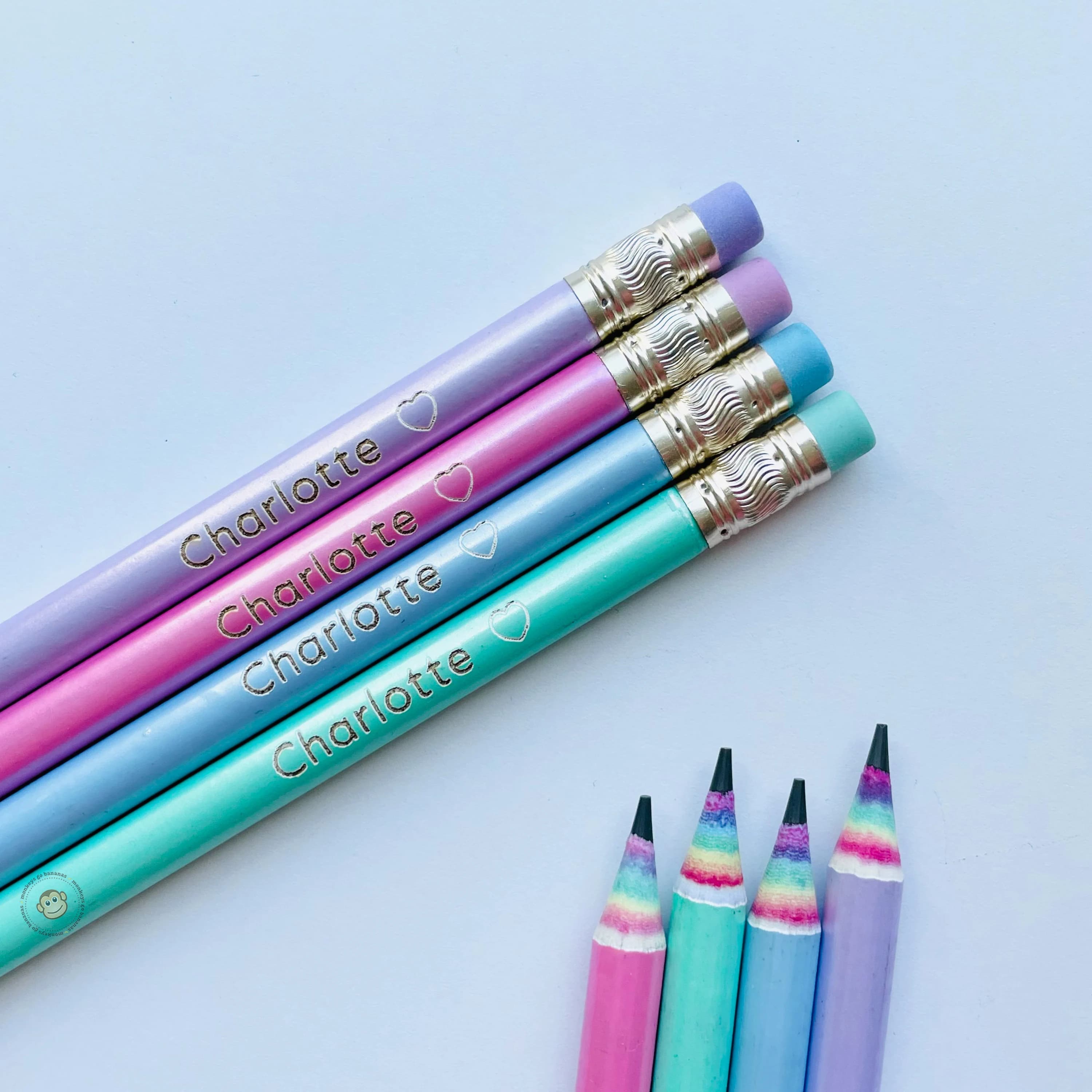 Personalized Rainbow Pencils - Set of 4 - Laser Engraved Recycled Paper - Stationery Gift - Birthday - Graduation - Valentine - Christmas