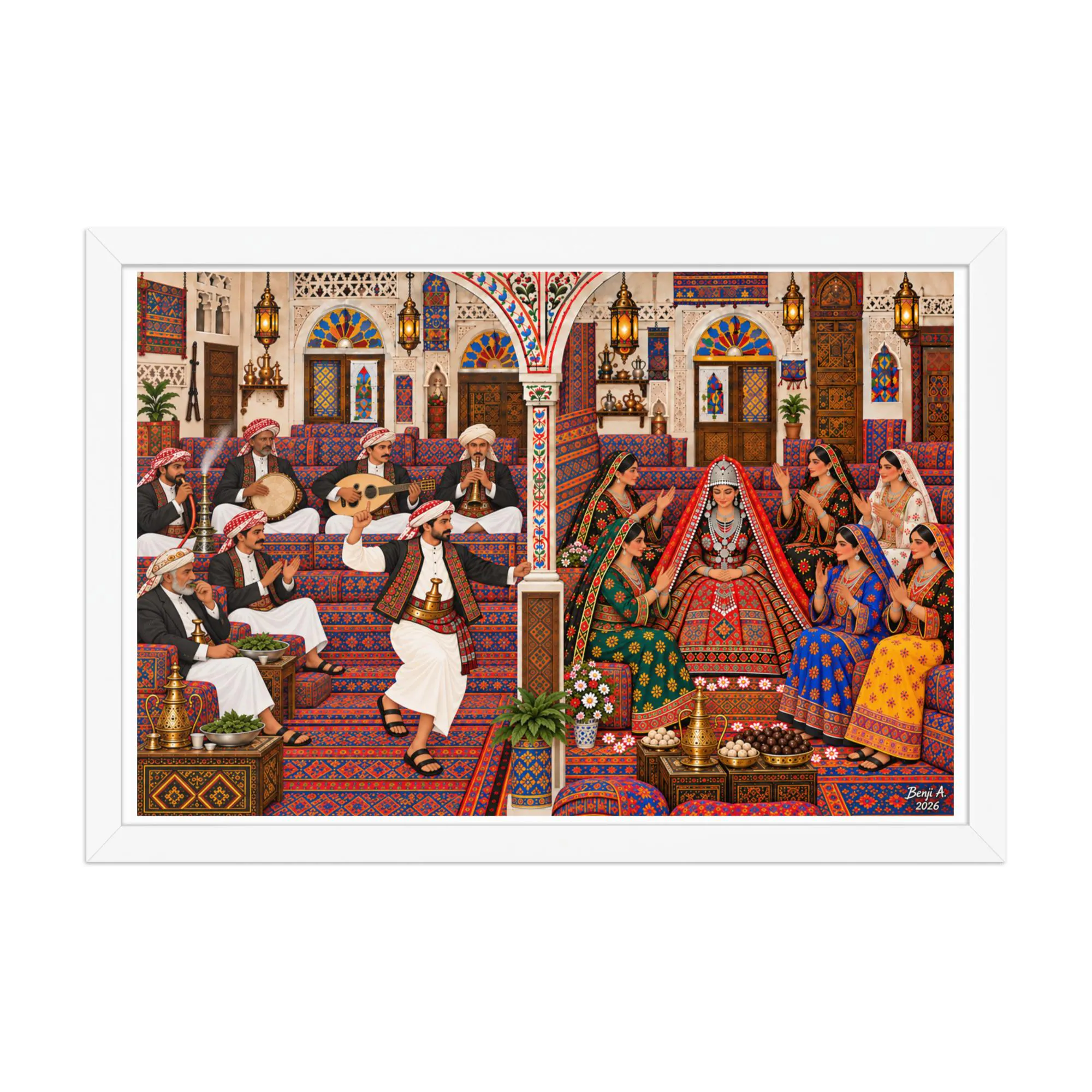 Traditional Yemeni Muslim Wedding Framed Print, Yemen Folk Art, Arabian Heritage Wall Decor