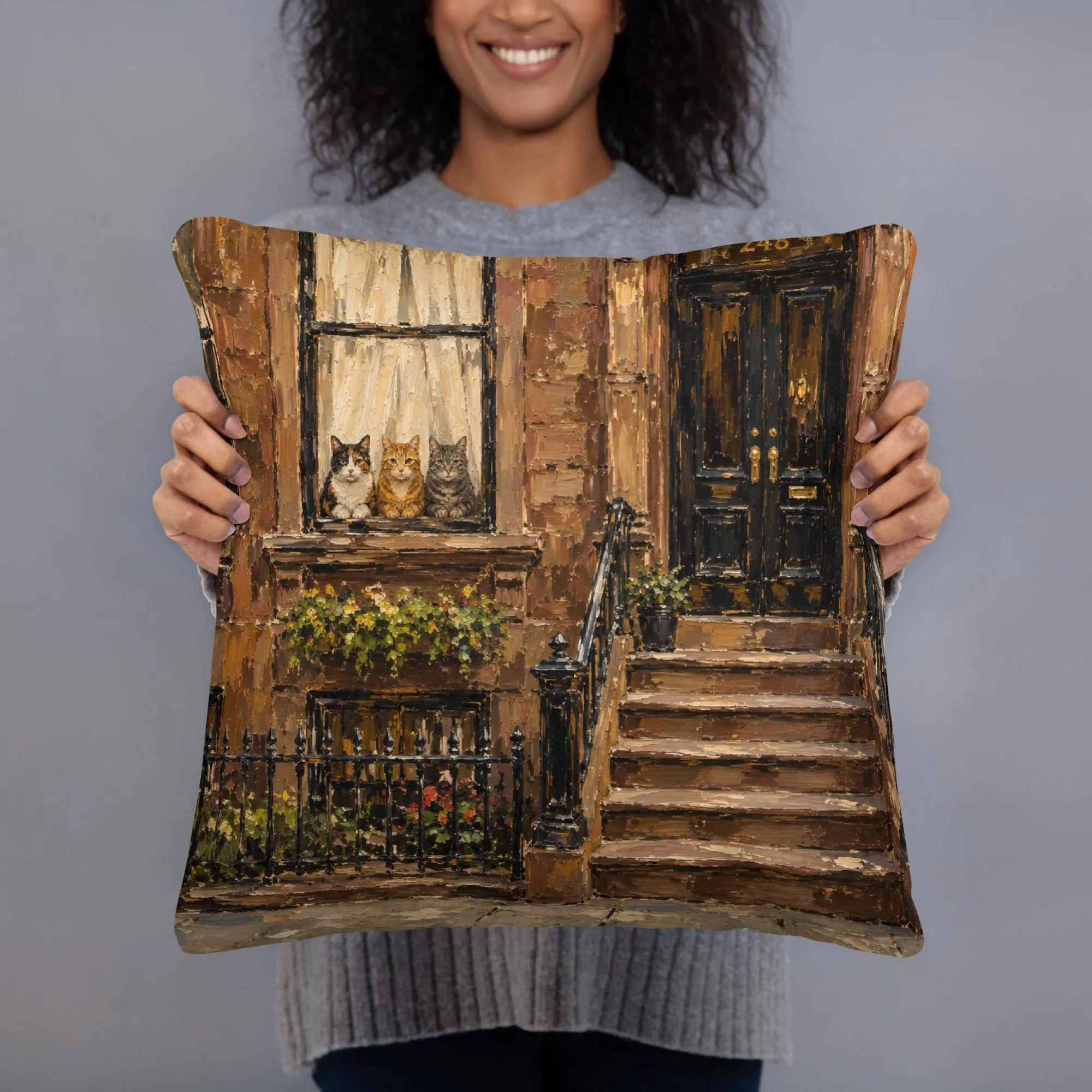NYC Cat Throw Pillow, Double-Sided Cat Pillow, New York Brownstone Cat Decor, Fire Escape Cat Cushion, Cat Lover Home Decor,