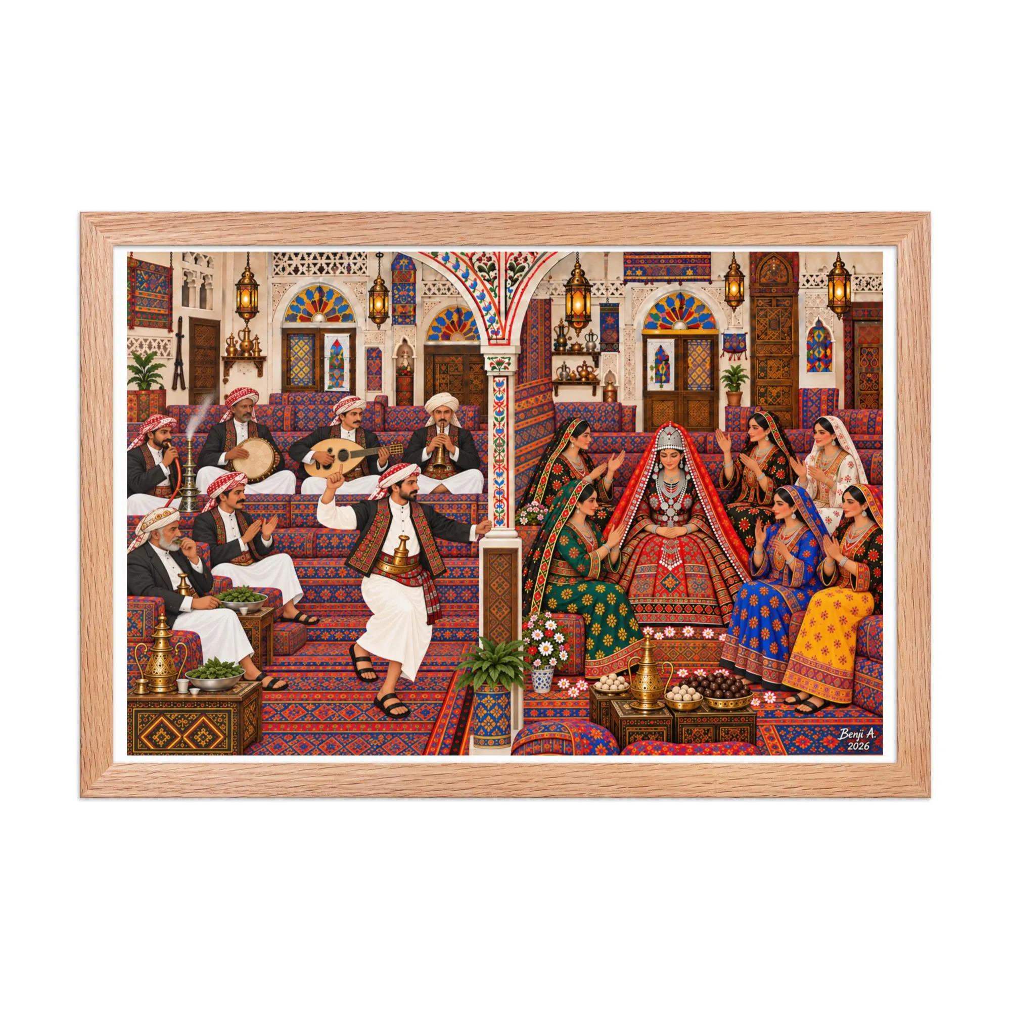 Traditional Yemeni Muslim Wedding Framed Print, Yemen Folk Art, Arabian Heritage Wall Decor
