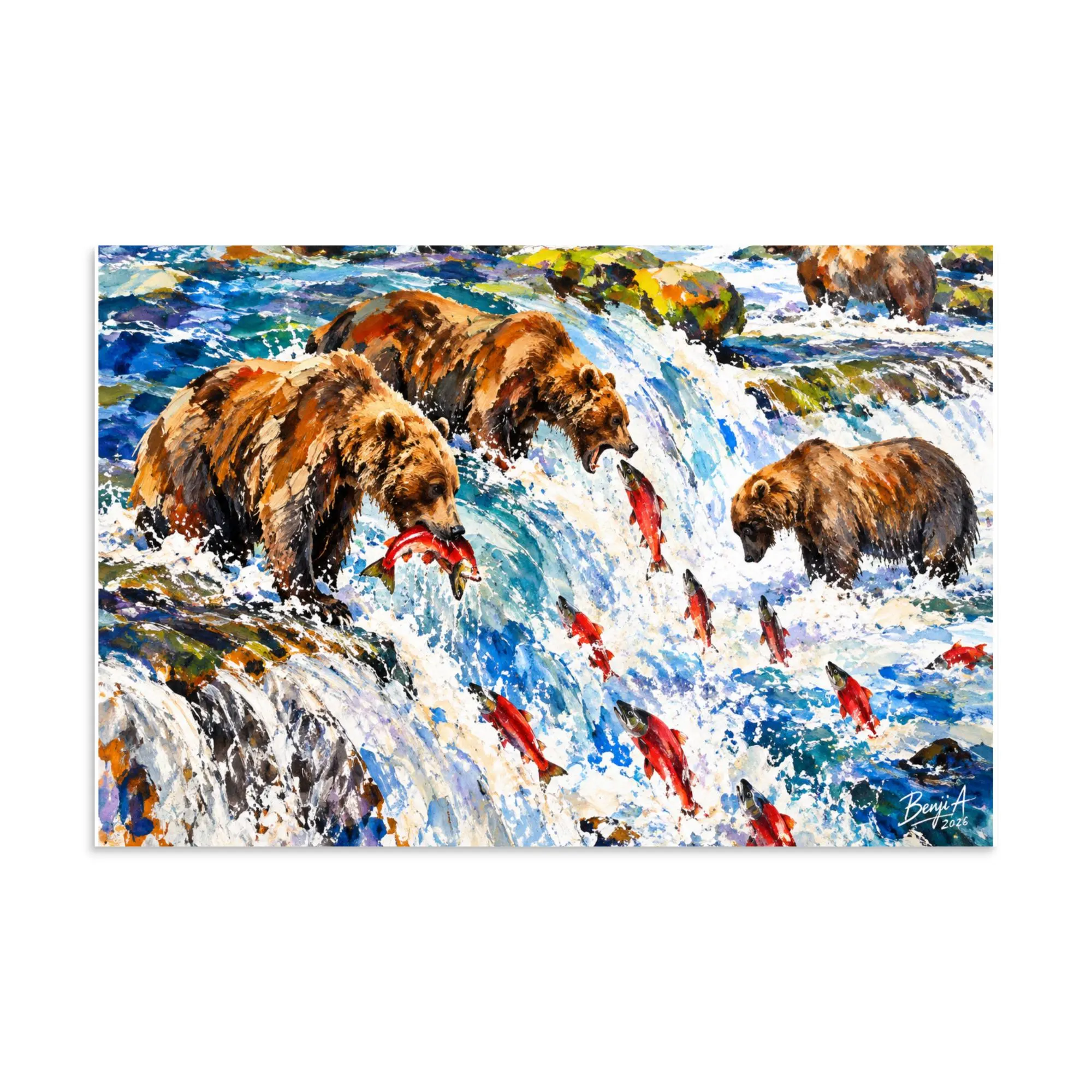 Alaska Brown Bears Salmon Fishing Poster – Grizzly Bear Waterfall Wildlife Watercolor Wall Art