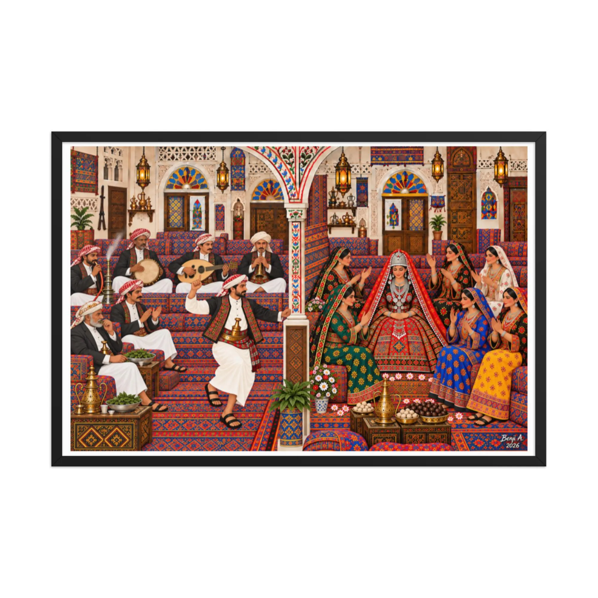 Traditional Yemeni Muslim Wedding Framed Print, Yemen Folk Art, Arabian Heritage Wall Decor