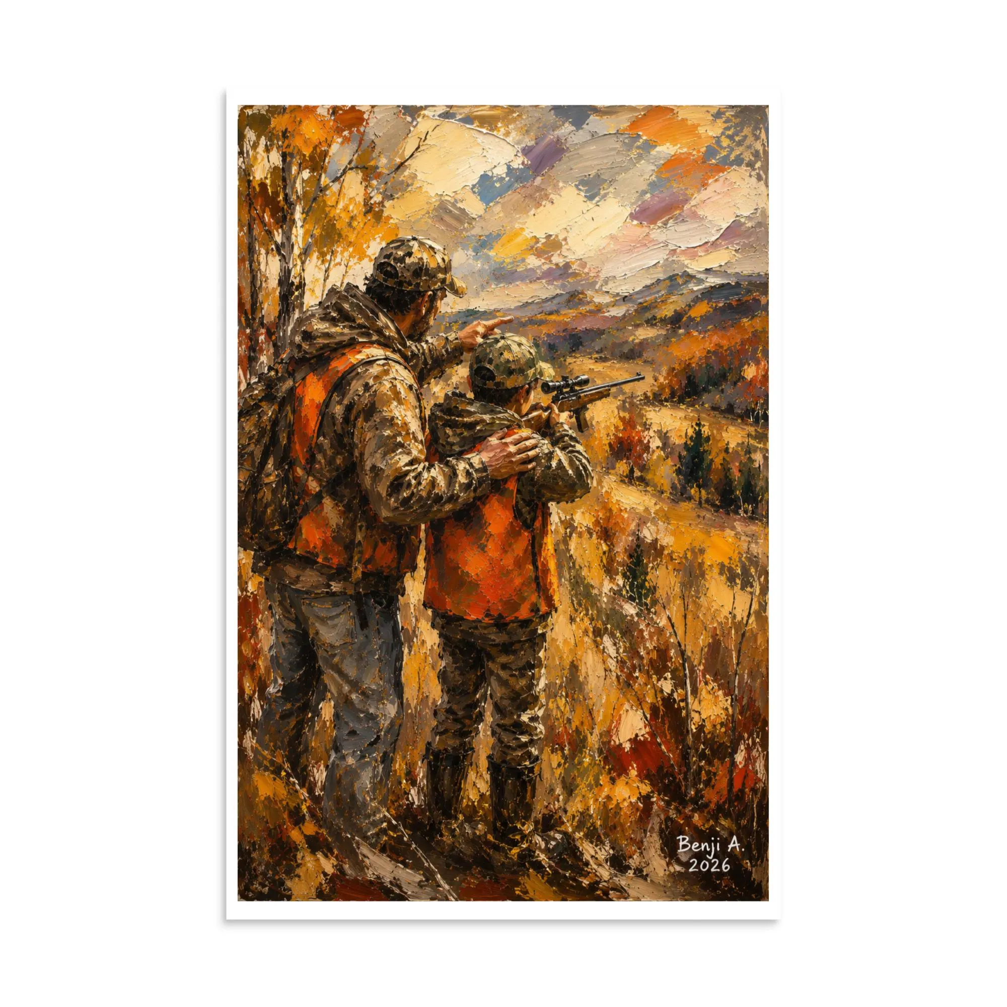 Father and Son Hunting Poster – Outdoor Mentorship Wall Art – Father Teaching Son Print – Hunting Tradition Artwork