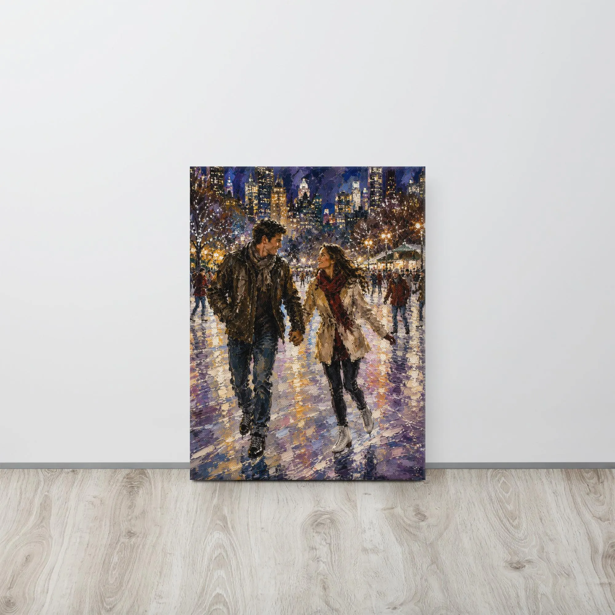 Romantic Winter Canvas Art – Ice Skating Couple Wall Canvas – City Love Painting – Winter Date Night Decor – Impressionist Romance Artwork