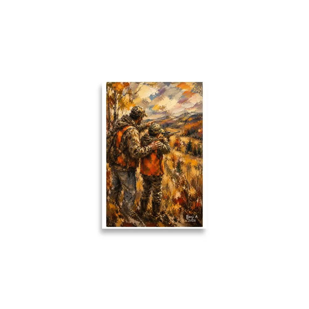 Father and Son Hunting Poster – Outdoor Mentorship Wall Art – Father Teaching Son Print – Hunting Tradition Artwork