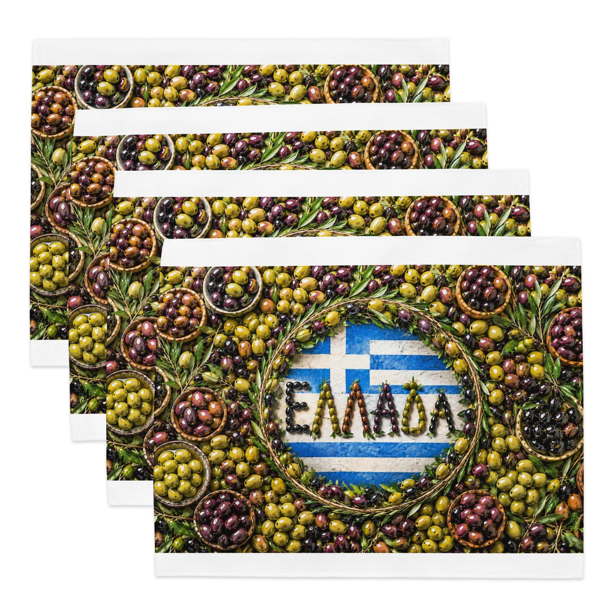 Greek Olive Placemat Set of 4, Ελλάδα Table Mats, Mediterranean Dining Decor, Greek Flag Placemats, Kalamata Olive Kitchen Set