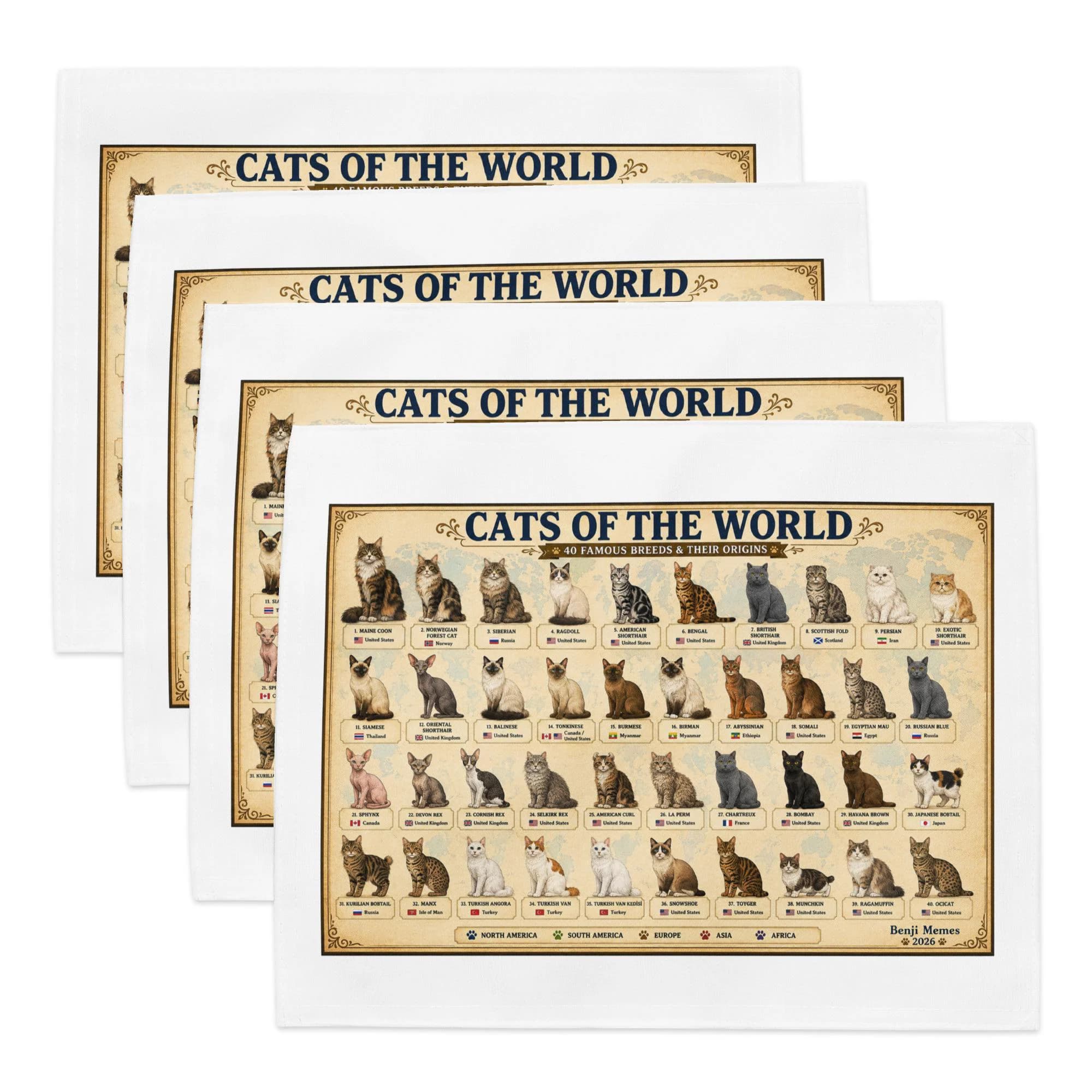 Cats of the World Placemat Set of 4, Cat Breed Educational Table Mats, Cat Lover Dining Decor, Feline Breed Chart Placemats Gift