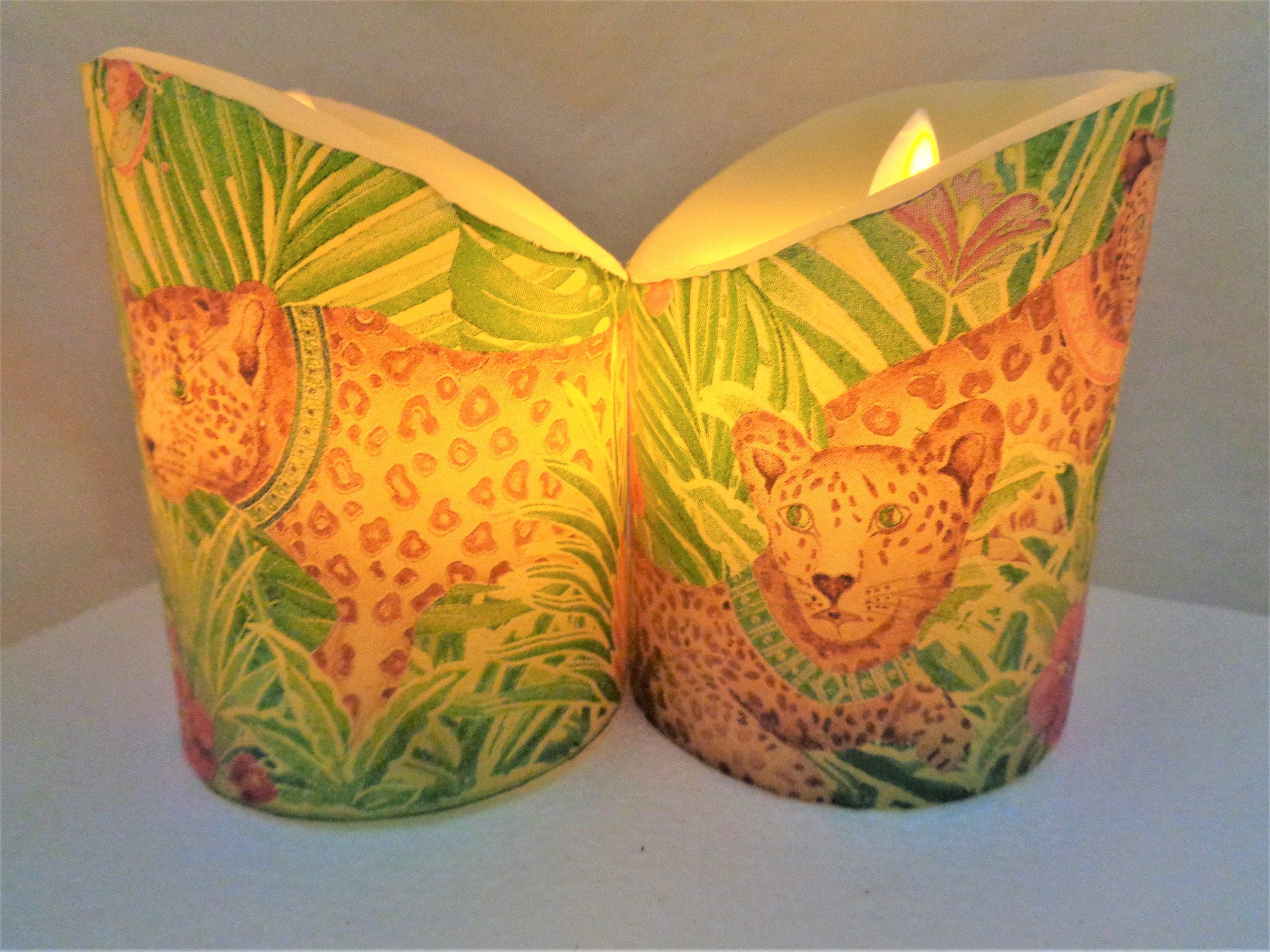 2pc Set African Safari Cheetah Leopard Full Napkin Decoupage  Handmade LED Flameless Electric  Wax Candle 4" tall