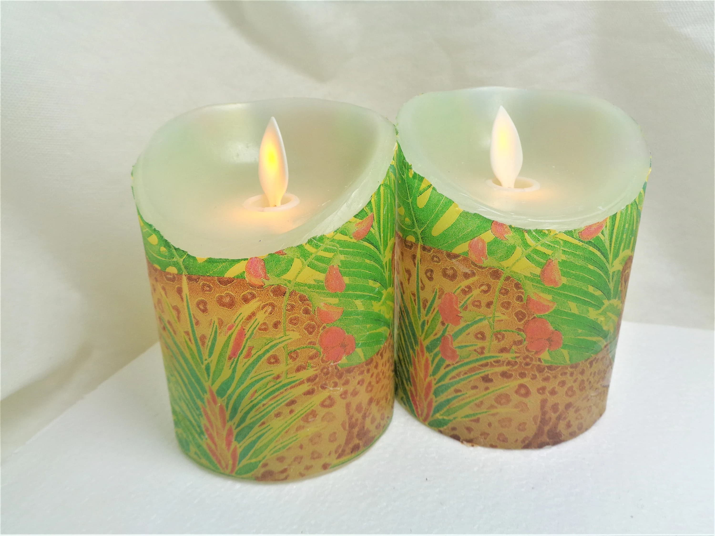 2pc Set African Safari Cheetah Leopard Full Napkin Decoupage  Handmade LED Flameless Electric  Wax Candle 4" tall - image 3