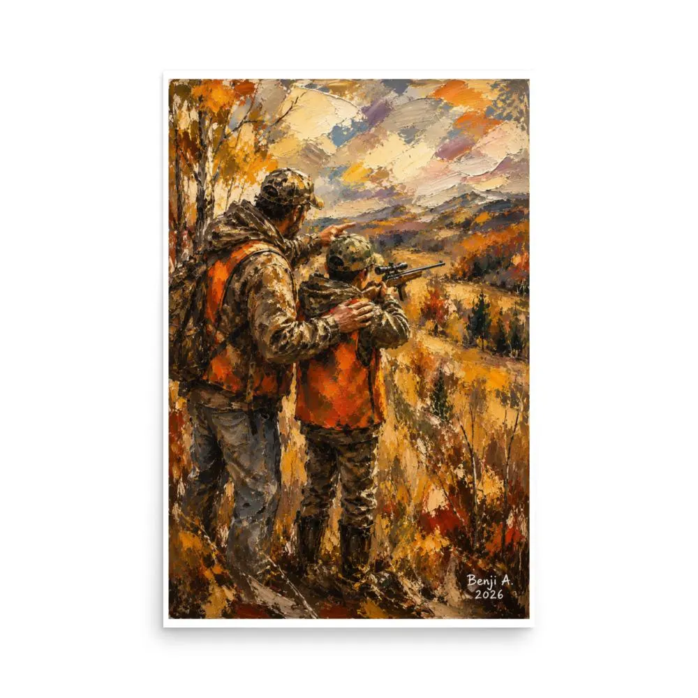 Father and Son Hunting Poster – Outdoor Mentorship Wall Art – Father Teaching Son Print – Hunting Tradition Artwork