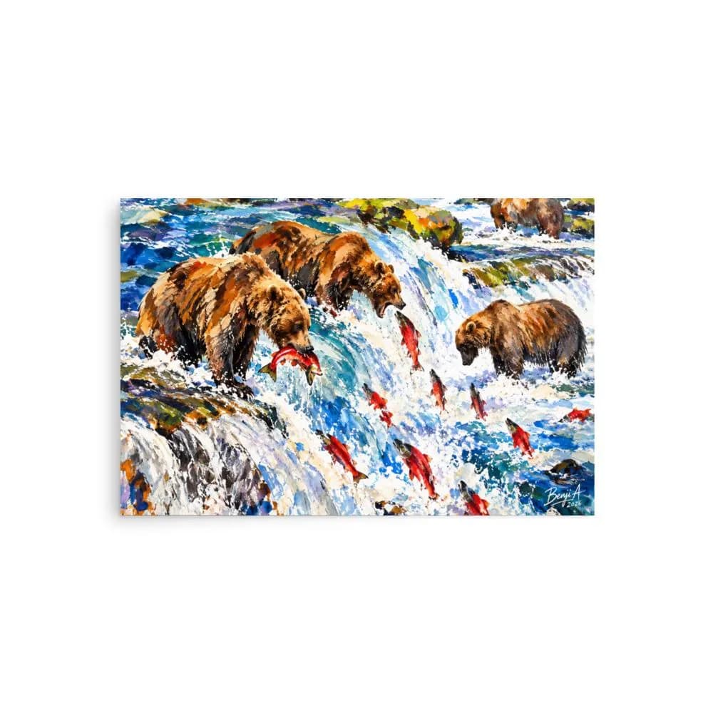 Alaska Brown Bears Salmon Fishing Poster – Grizzly Bear Waterfall Wildlife Watercolor Wall Art
