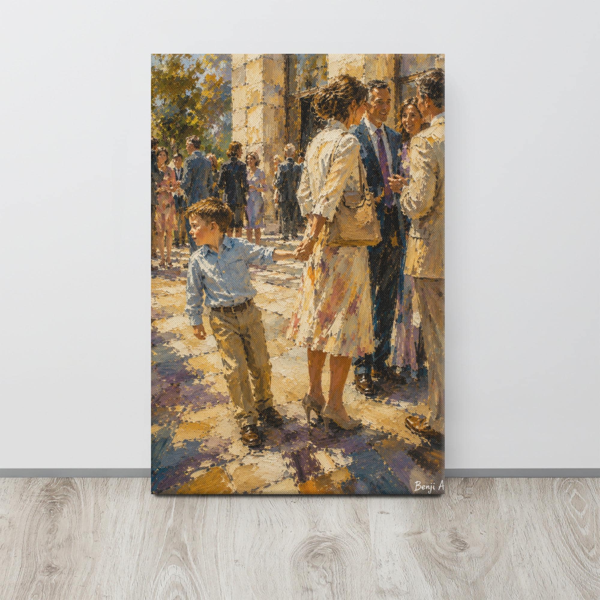 Child Tugging Mother's Hand Canvas Art – Family Gathering Wall Canvas – Childhood Memories Artwork – Nostalgic Family Decor