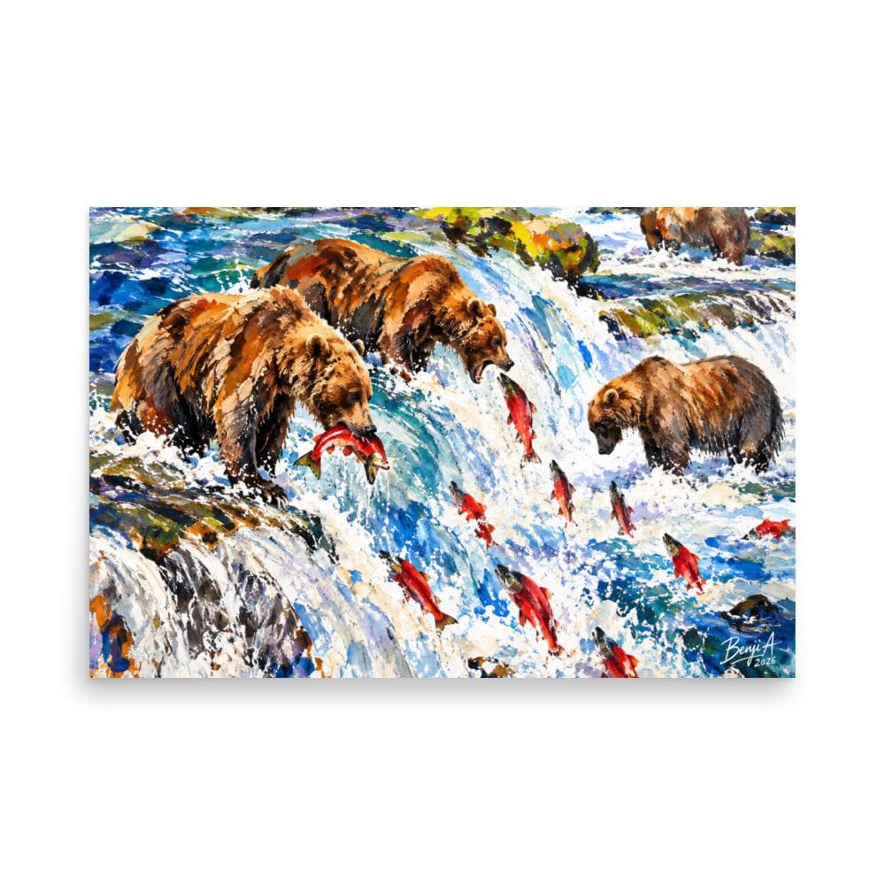 Alaska Brown Bears Salmon Fishing Poster – Grizzly Bear Waterfall Wildlife Watercolor Wall Art
