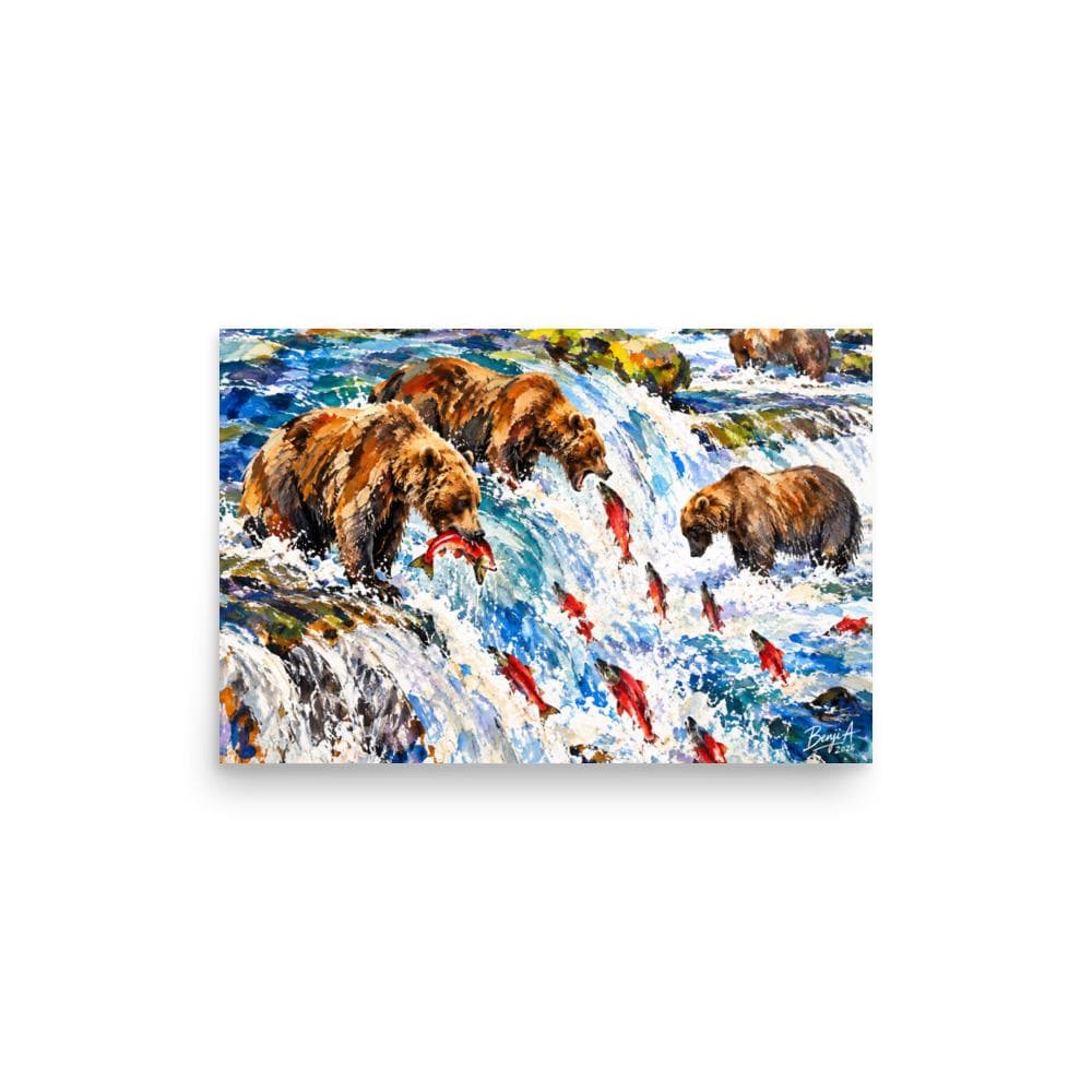 Alaska Brown Bears Salmon Fishing Poster – Grizzly Bear Waterfall Wildlife Watercolor Wall Art