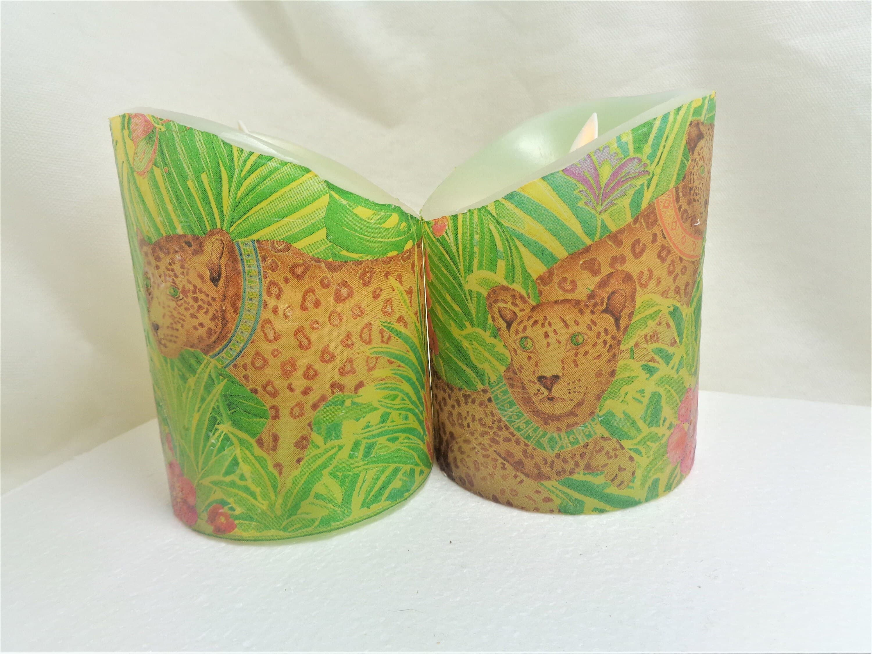 2pc Set African Safari Cheetah Leopard Full Napkin Decoupage  Handmade LED Flameless Electric  Wax Candle 4" tall - image 4