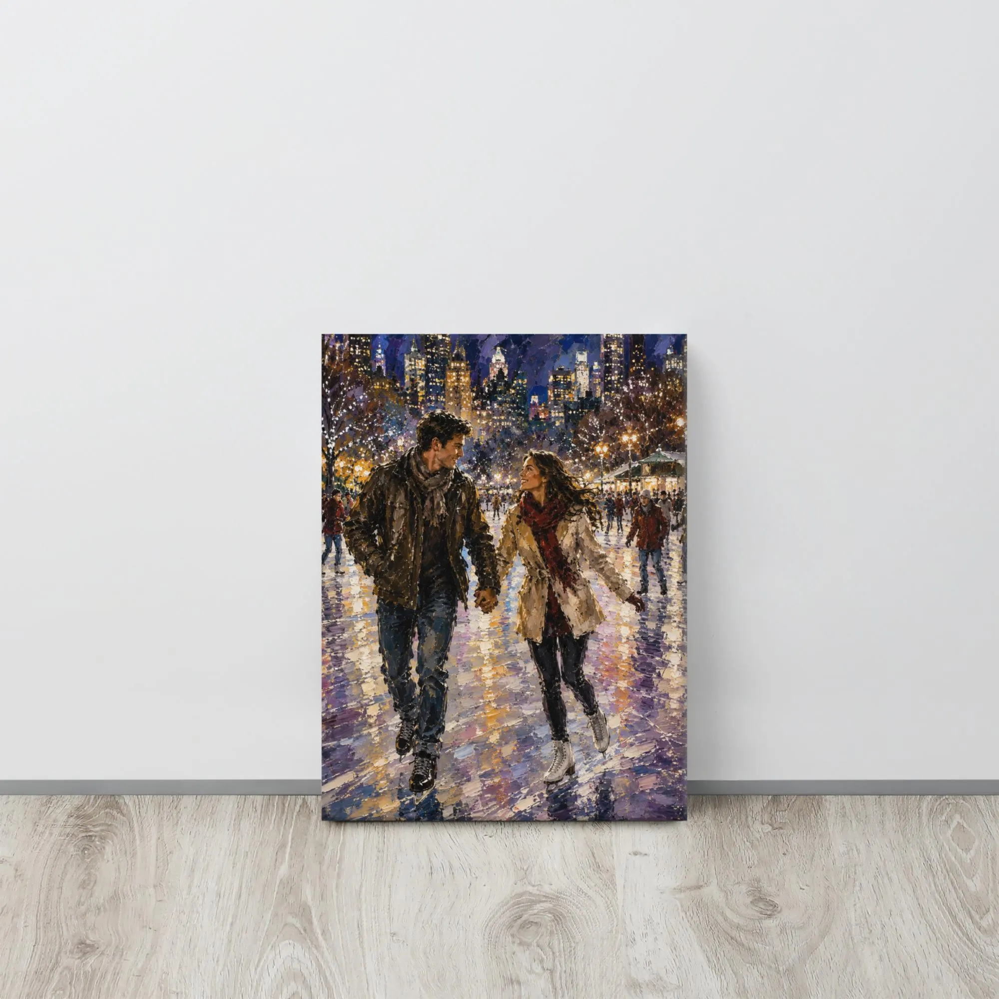 Romantic Winter Canvas Art – Ice Skating Couple Wall Canvas – City Love Painting – Winter Date Night Decor – Impressionist Romance Artwork