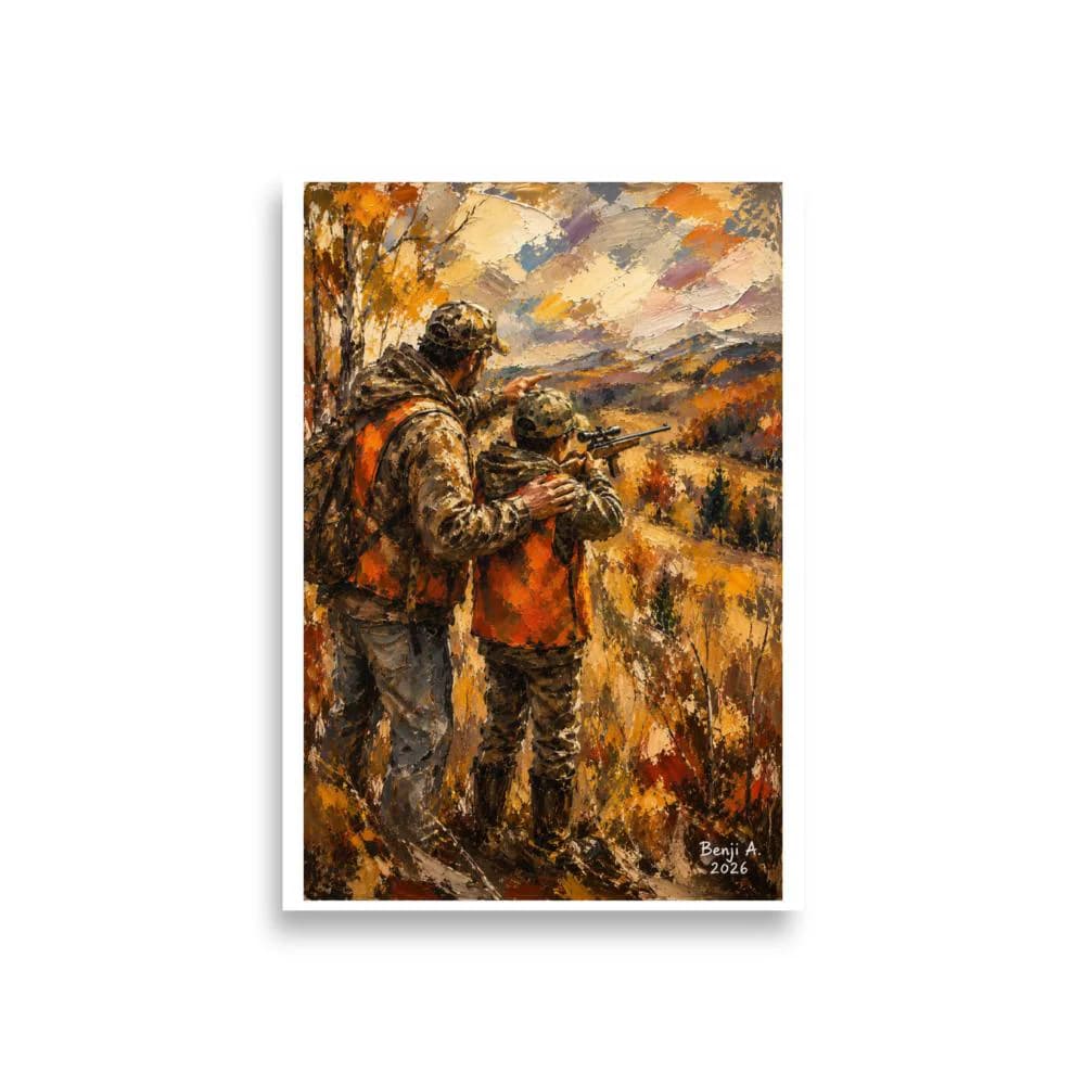 Father and Son Hunting Poster – Outdoor Mentorship Wall Art – Father Teaching Son Print – Hunting Tradition Artwork