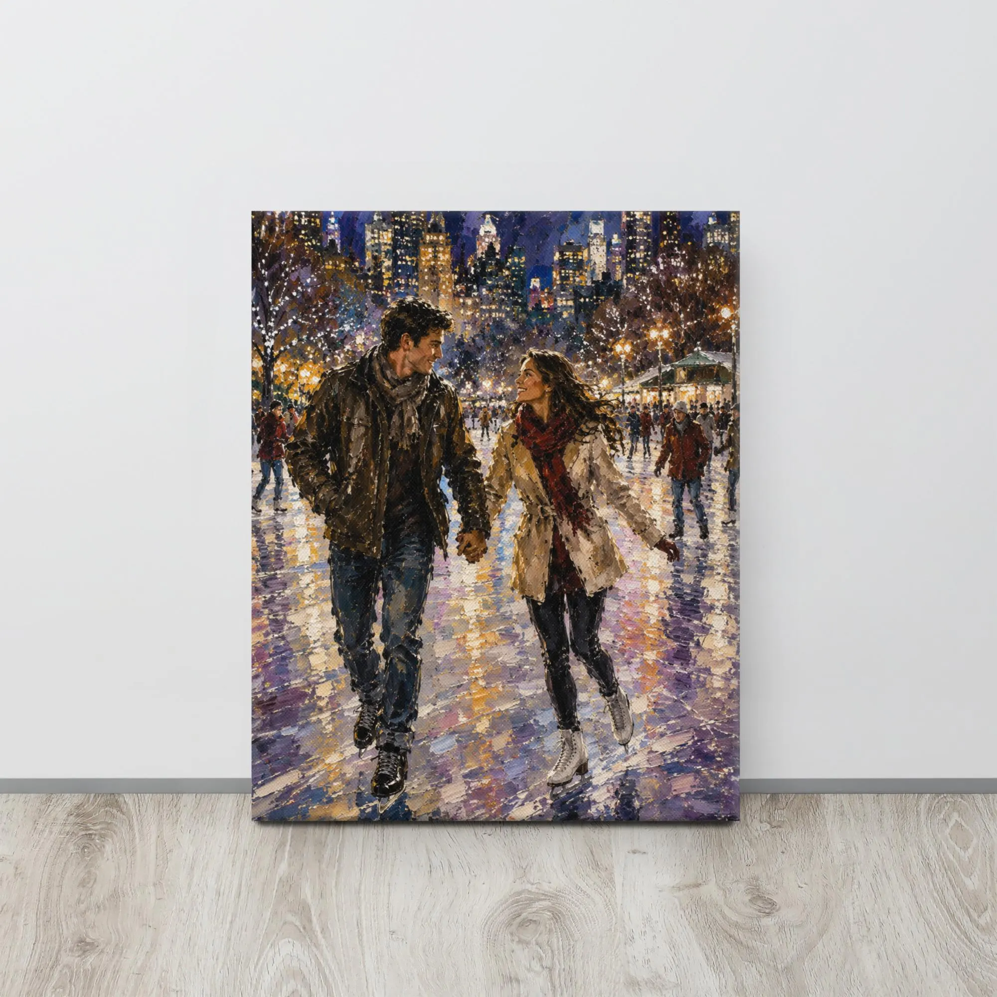 Romantic Winter Canvas Art – Ice Skating Couple Wall Canvas – City Love Painting – Winter Date Night Decor – Impressionist Romance Artwork