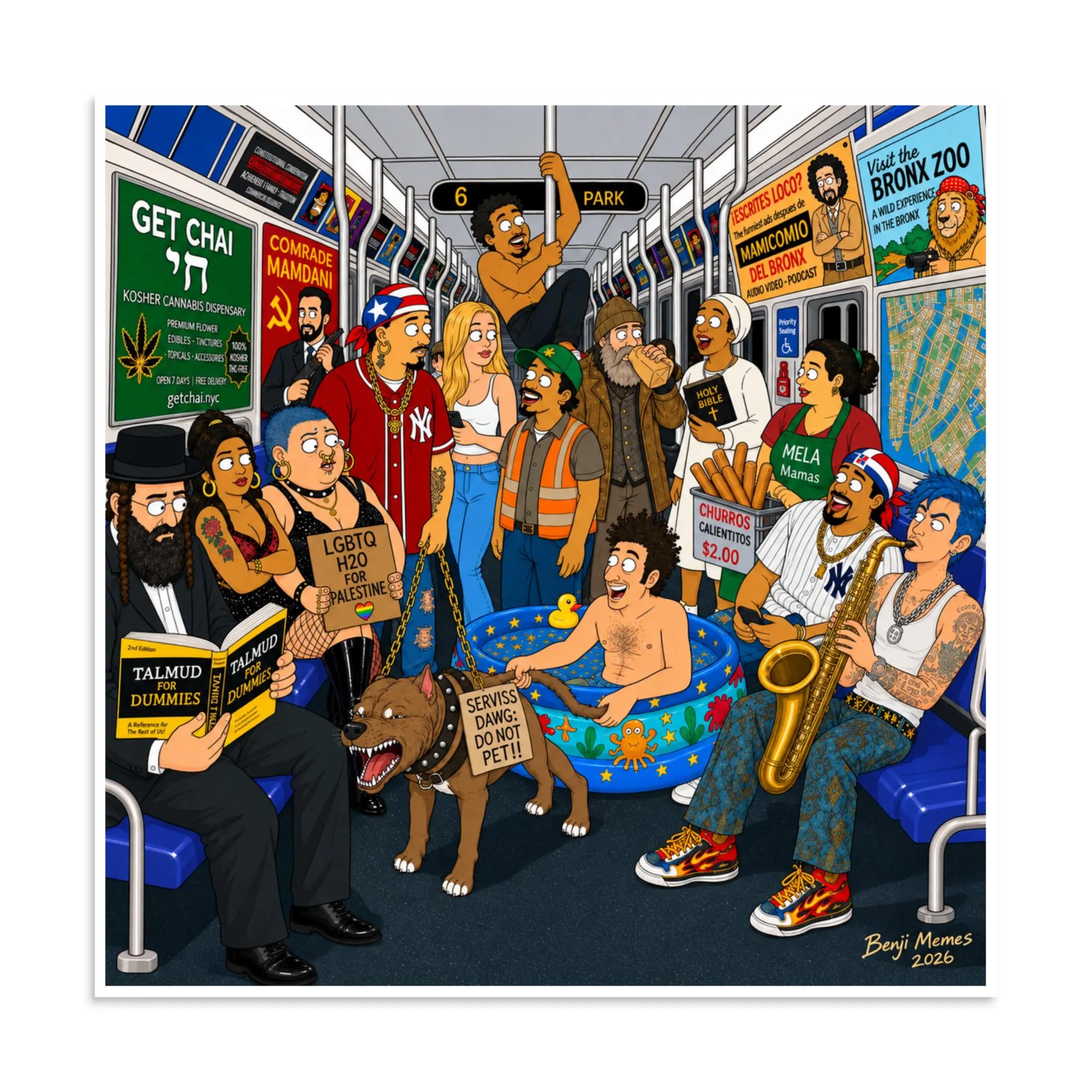 NYC Subway Chaos Funny Poster Print, New York City Satire, Urban Humor Cartoon Wall Art