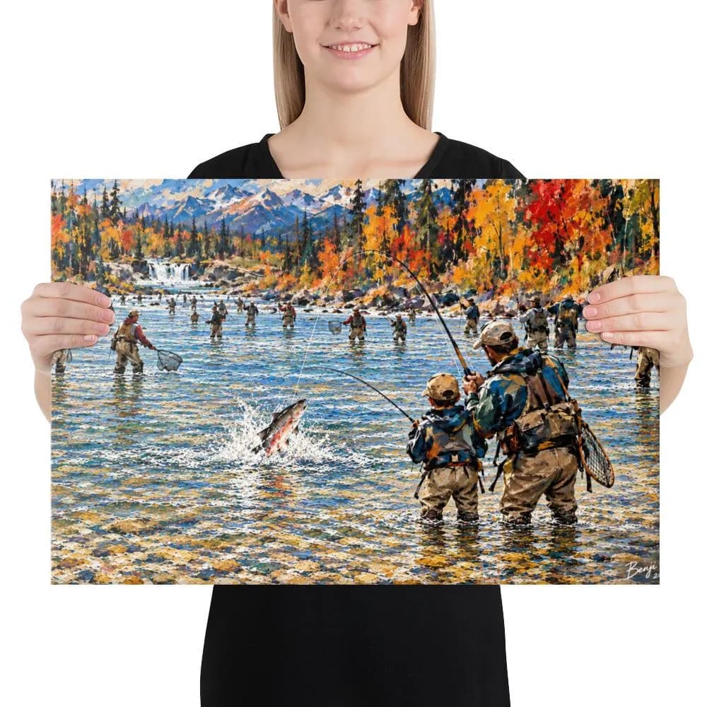 Father Son Alaska Salmon Fishing Canvas – Fly Fishing River Wrapped Wall Art