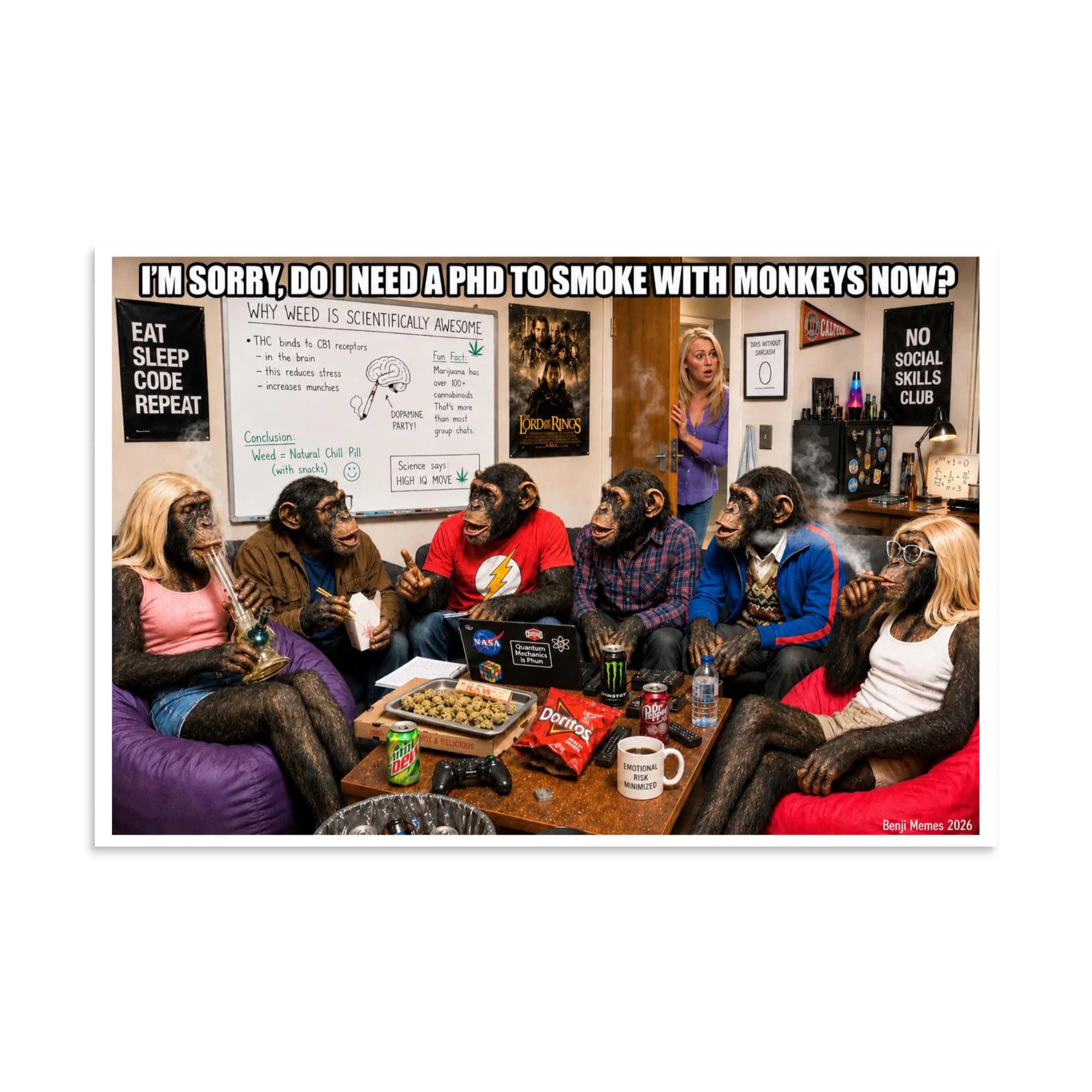 Funny Weed Smoking Monkeys Poster Print, 420 Marijuana Humor, Stoner Comedy Wall Art, Cannabis Meme