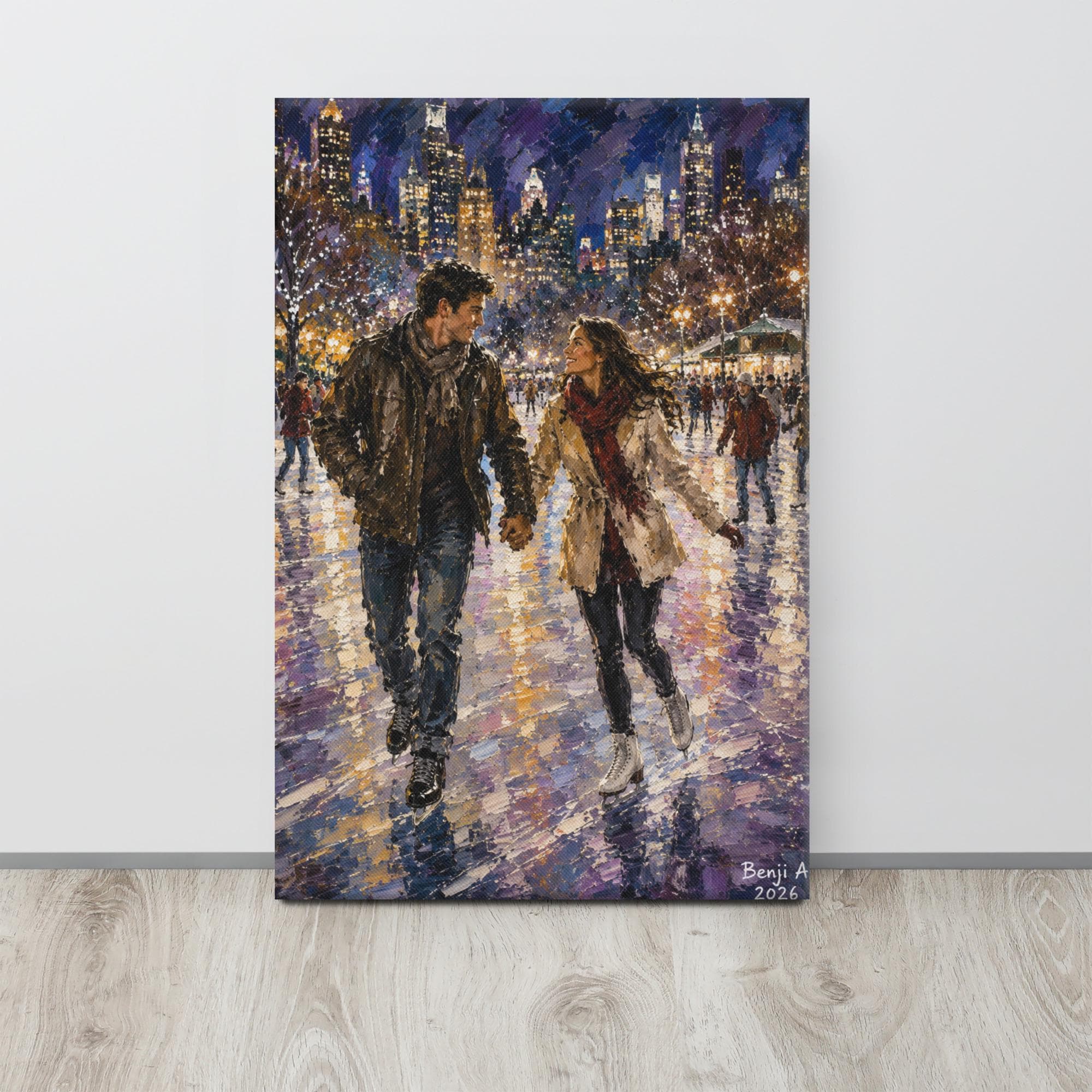 Romantic Winter Canvas Art – Ice Skating Couple Wall Canvas – City Love Painting – Winter Date Night Decor – Impressionist Romance Artwork
