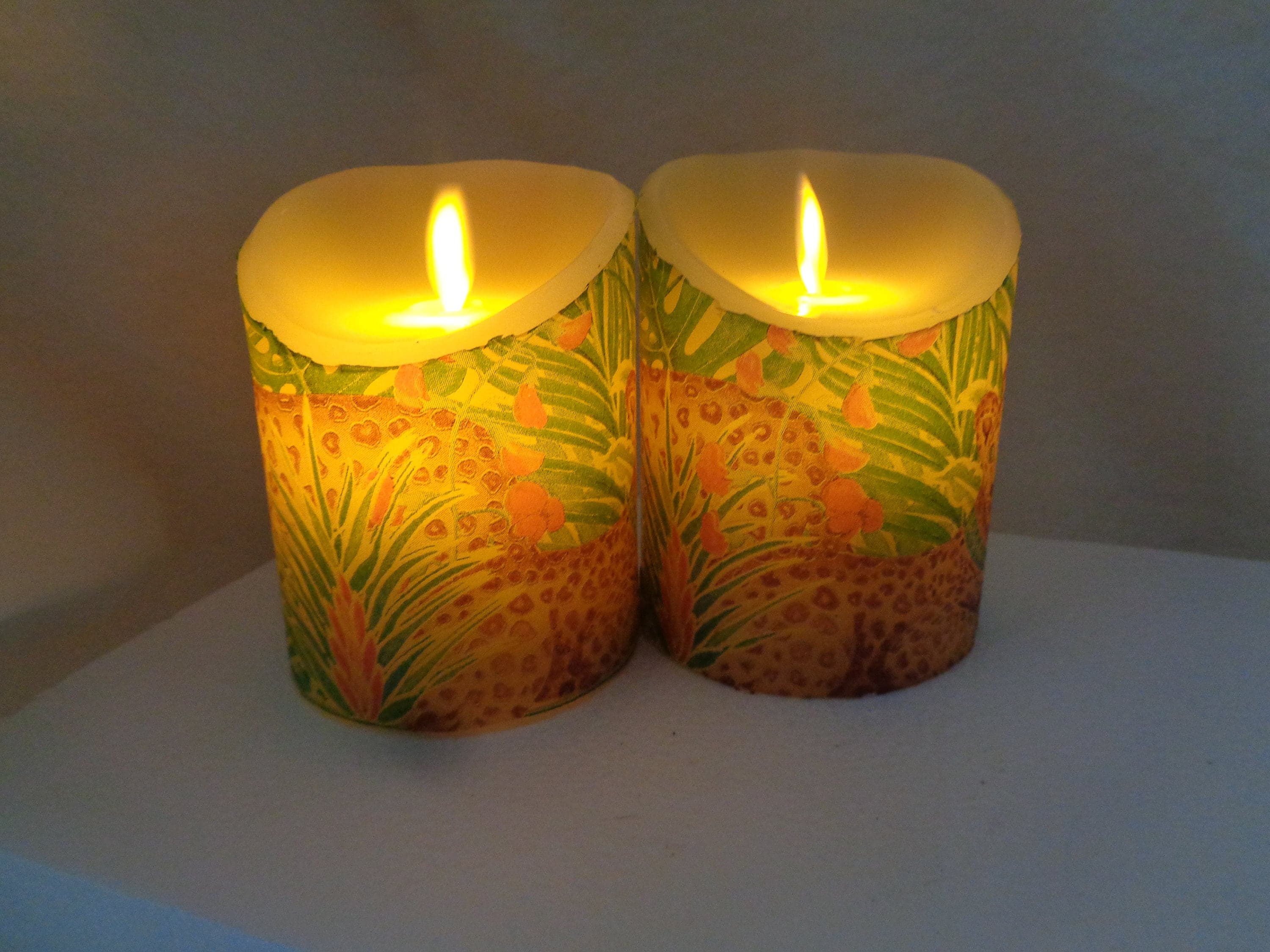 2pc Set African Safari Cheetah Leopard Full Napkin Decoupage  Handmade LED Flameless Electric  Wax Candle 4" tall - image 5