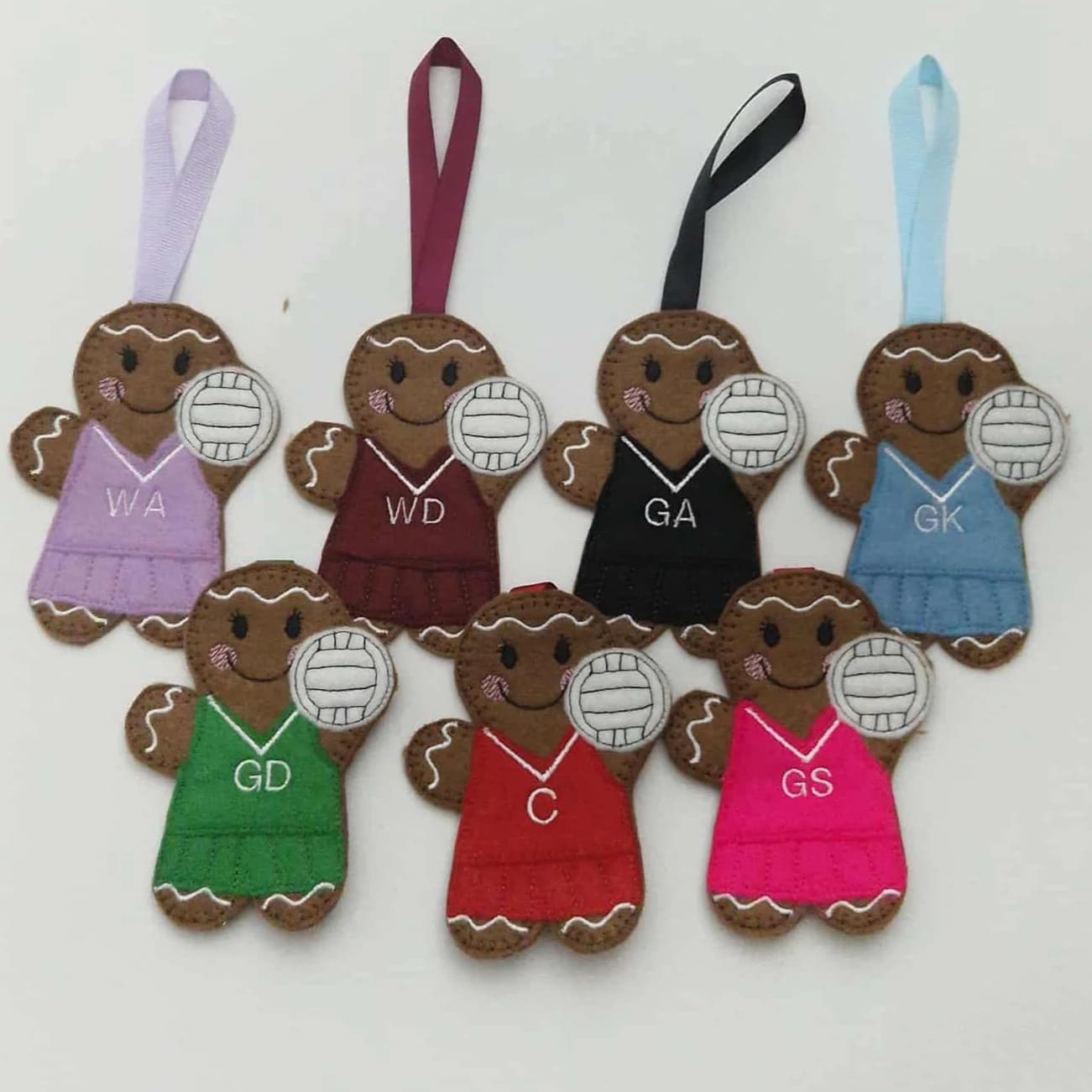 Netball sports Team Gingerbread Felt Hanging Decoration Christmas tree decoration. Keepsake.