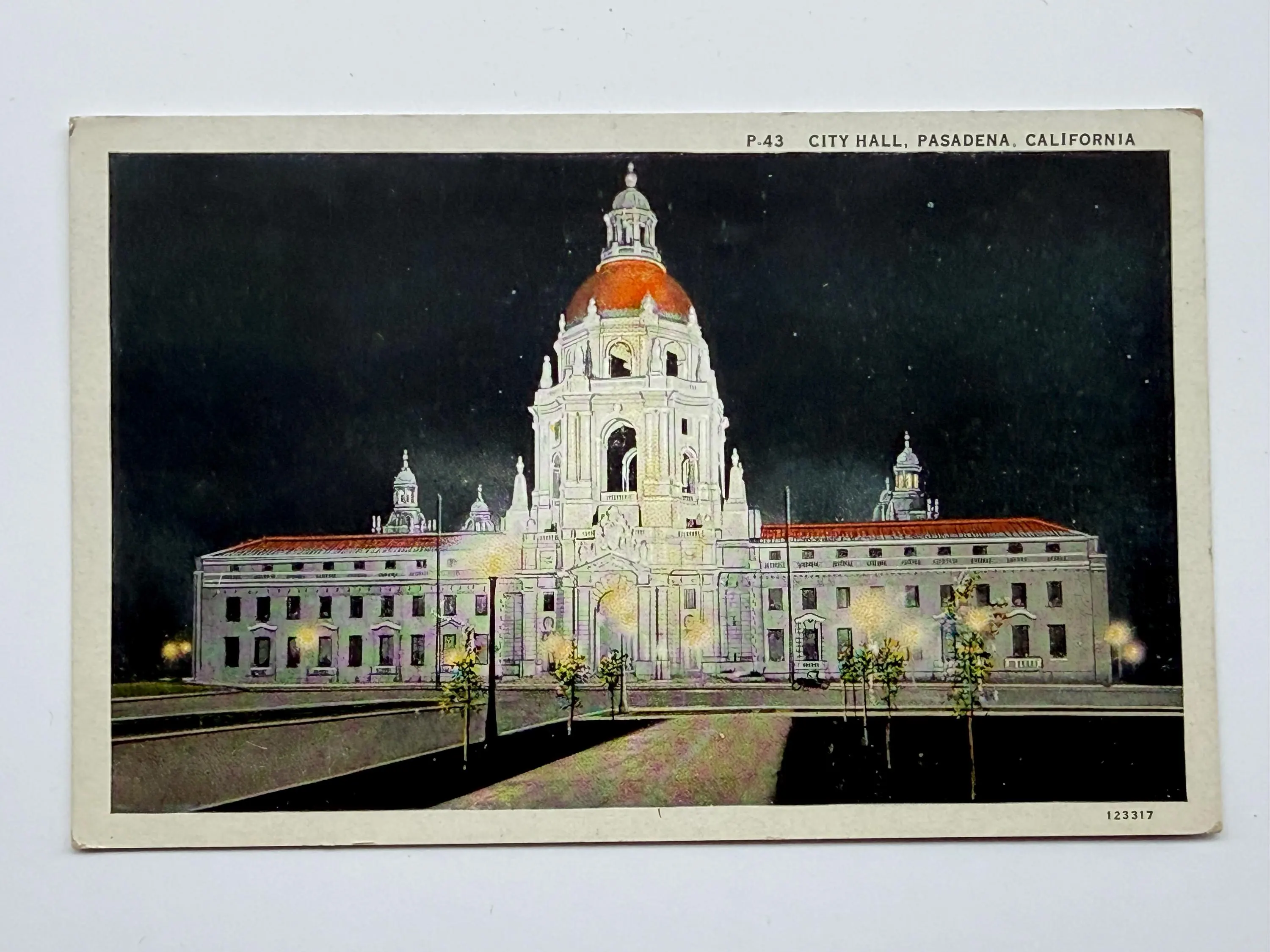 Night View of Pasadena City Hall, California, Vintage Postcard