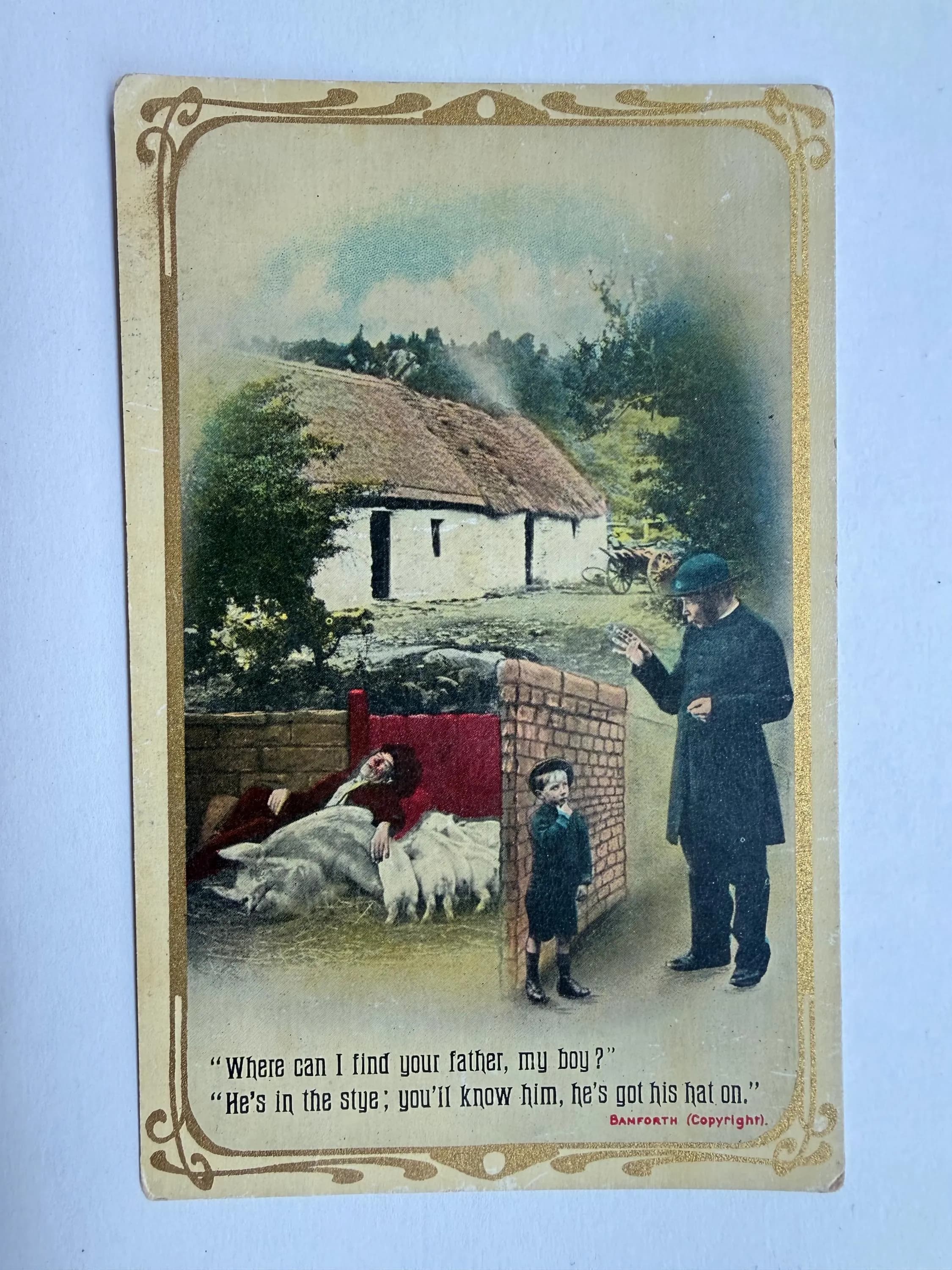 Funny "Drunk Dad and Pigsty", Vintage Humor, Vintage Postcard