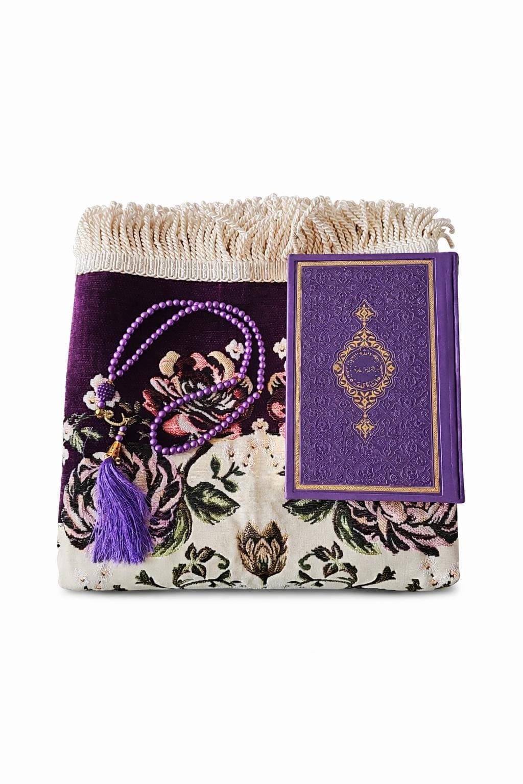 Purple Velvet Thick Prayer Rug & Quran Set with Tasbih – Islamic Gift