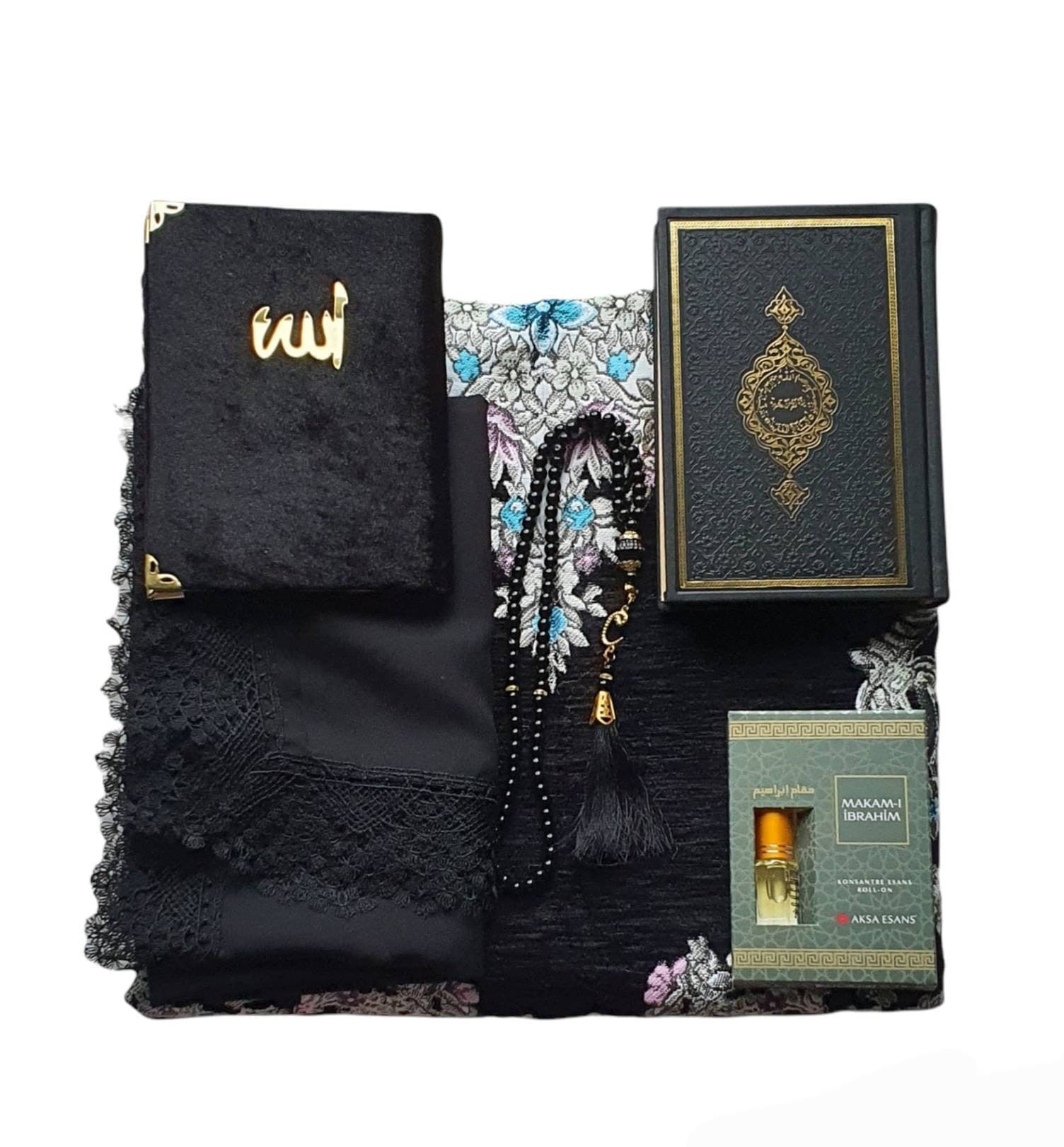 Personalized Islamic Gift Set: Quran, Prayer Mat, Tasbih, Hijab & Essence
