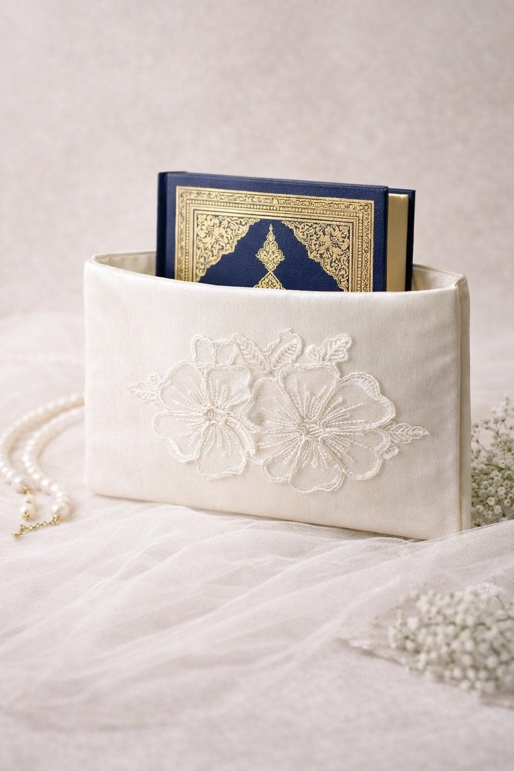 Luxury Lace Quran Cover – Large Floral Guipure Islamic Book Sleeve – Satin Applique Case - image 3