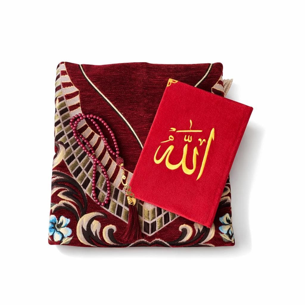 Red Velvet Quality Prayer Rug & Velvet Quran Set with Tasbih – Islamic Gift