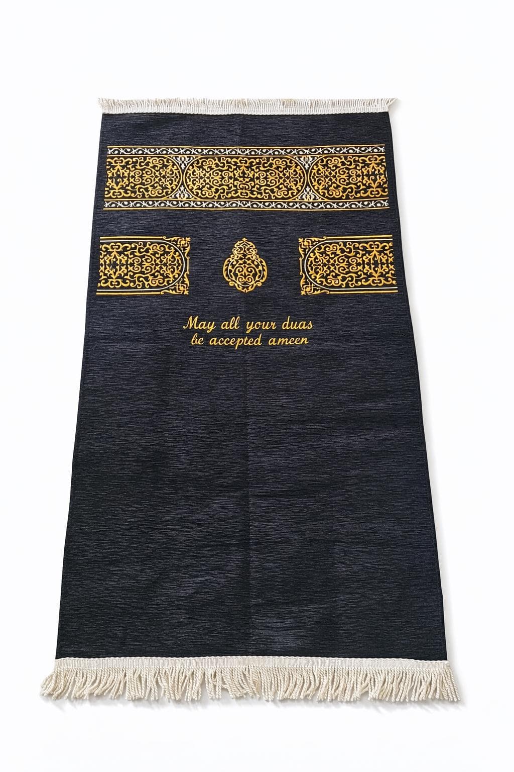 Black Kaaba Design Velvet Prayer Rug & Velvet Quran Set with Tasbih – Islamic Gift - image 3