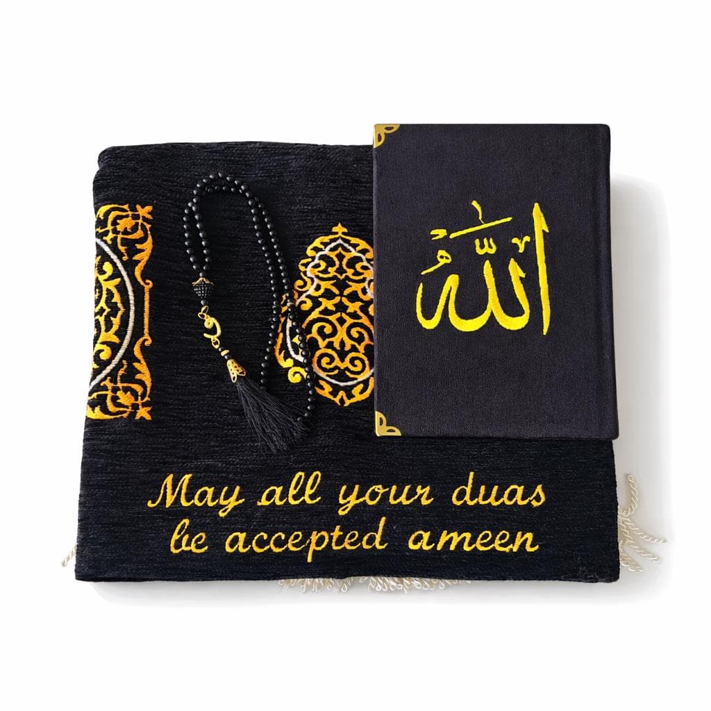 Black Kaaba Design Velvet Prayer Rug & Velvet Quran Set with Tasbih – Islamic Gift