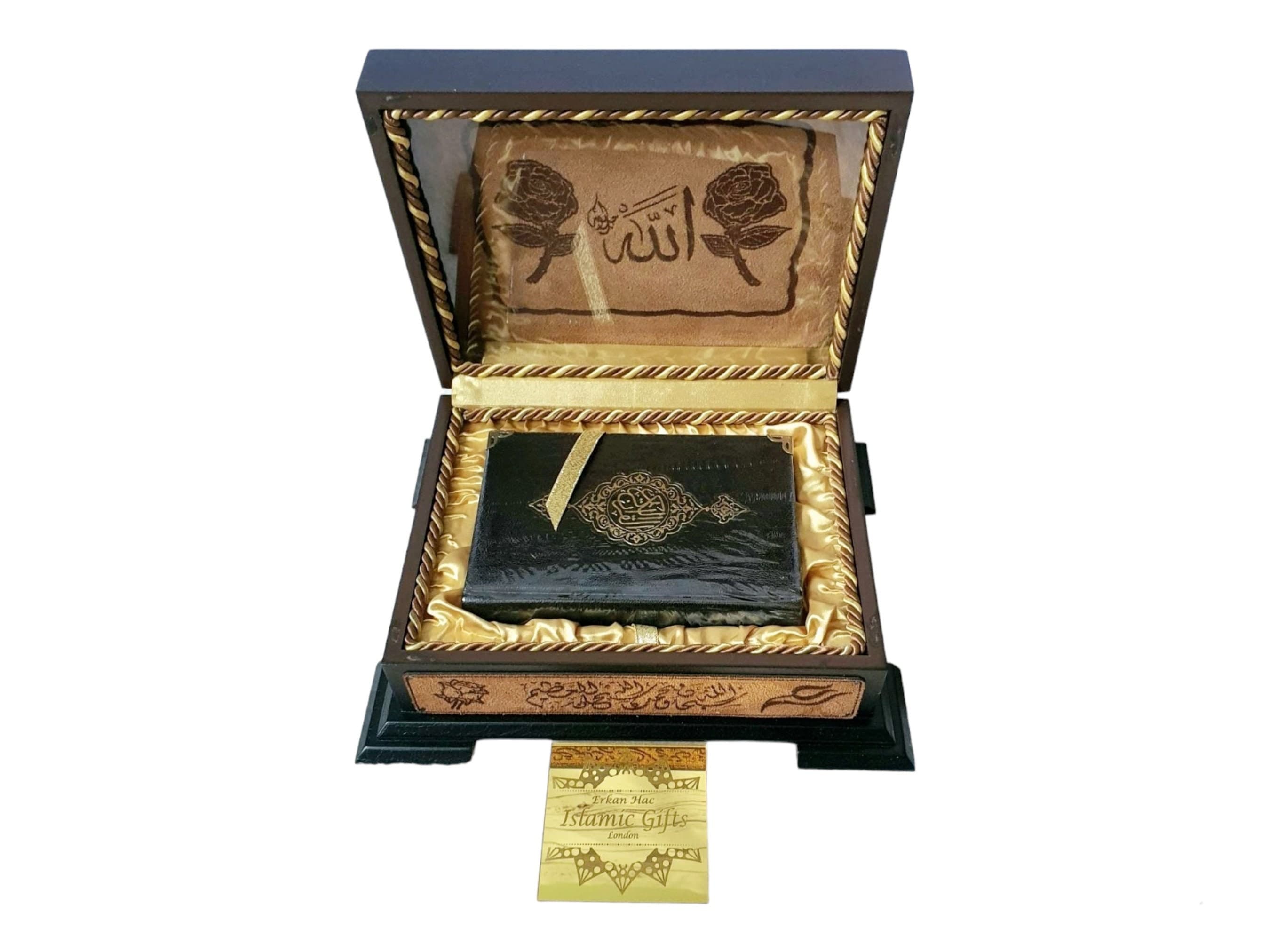 Handmade wooden chest ,velvet touched outside cover,inside satin covered also decorated handmade rose picture inside. Faux Leather   Quran book Perfect Islamic Luxury unforgettable gift, anniversary, wedding, nikkah,hajj, eid ramadan gift