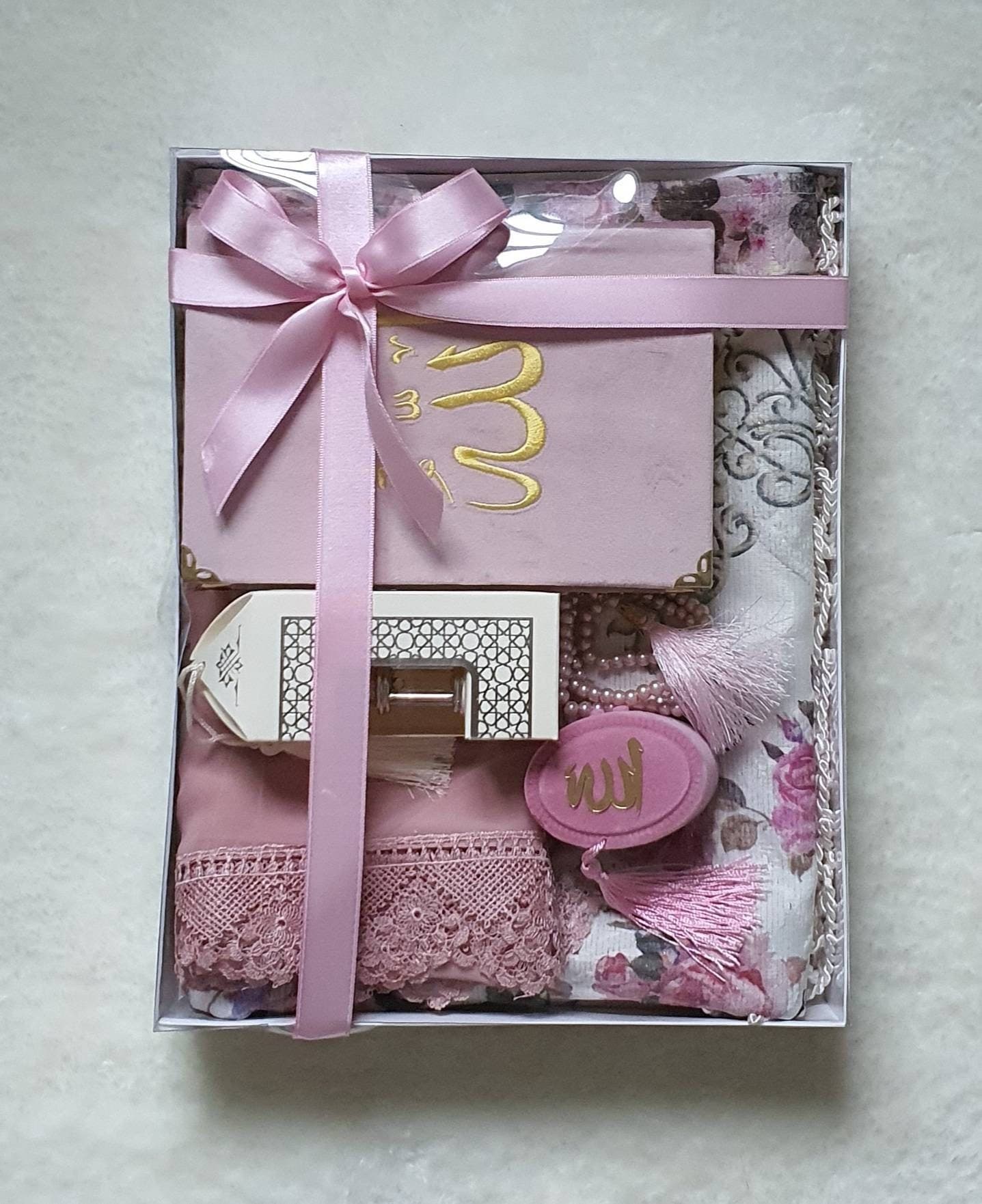 Personalized Islamic Gift Set: Embroidered Quran, Prayer Rug, Satin Scarf