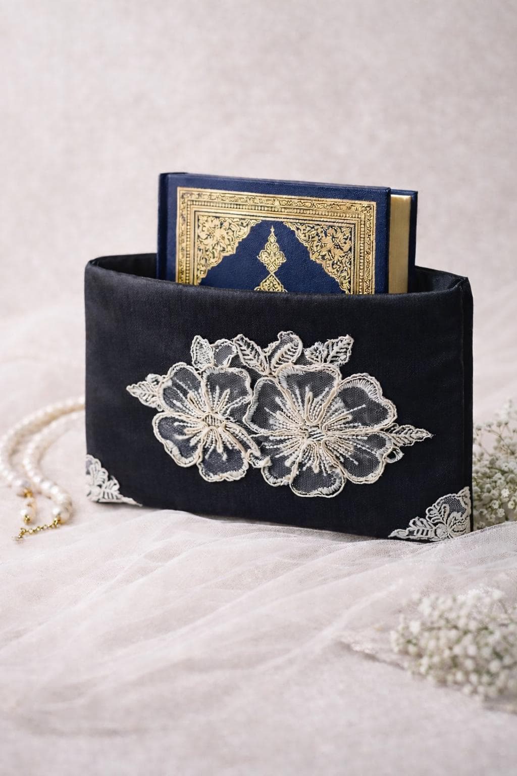 Luxury Lace Quran Cover – Large Floral Guipure Islamic Book Sleeve – Satin Applique Case