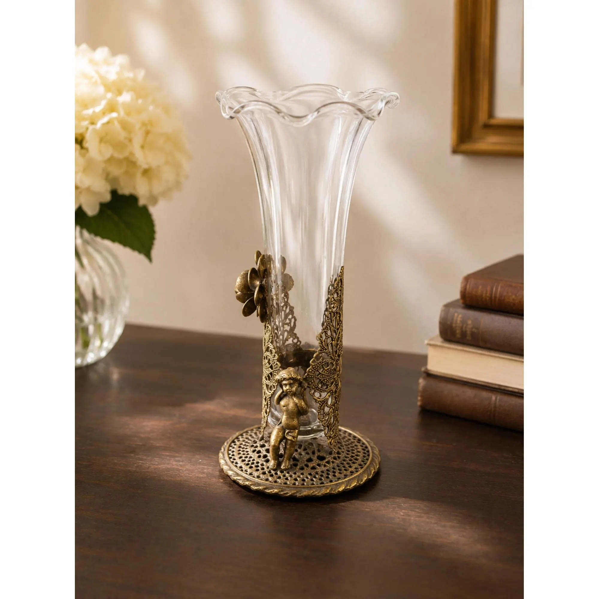Mid Century Hollywood Regency Brass Cherub Filigree Glass Bud Vase - image 4