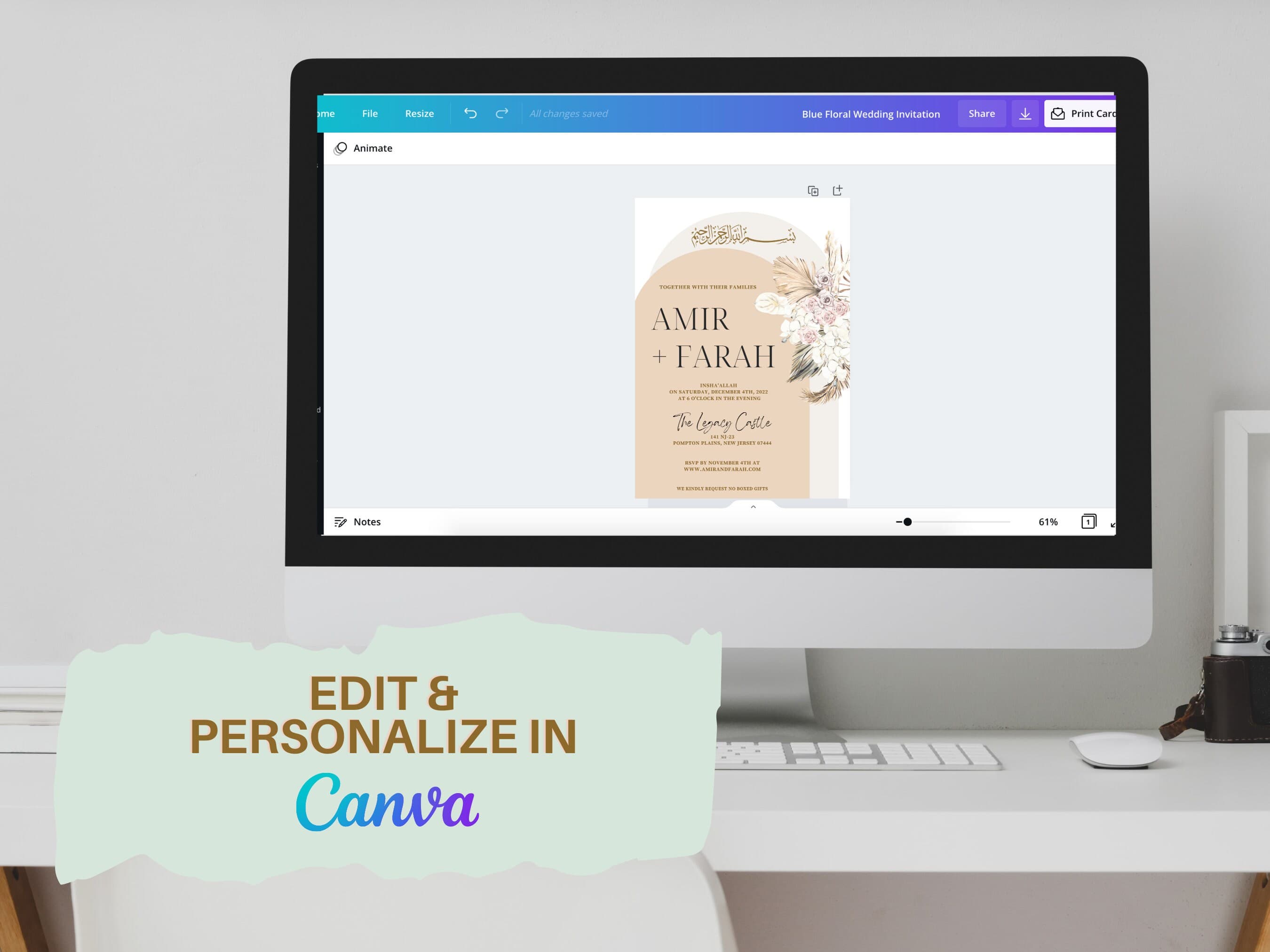 Boho Muslim Wedding Invitation | Digital Download | Easy to Edit | Canva Template | Valima | Islamic Wedding Invitation | DIY | 5" x7" - image 5