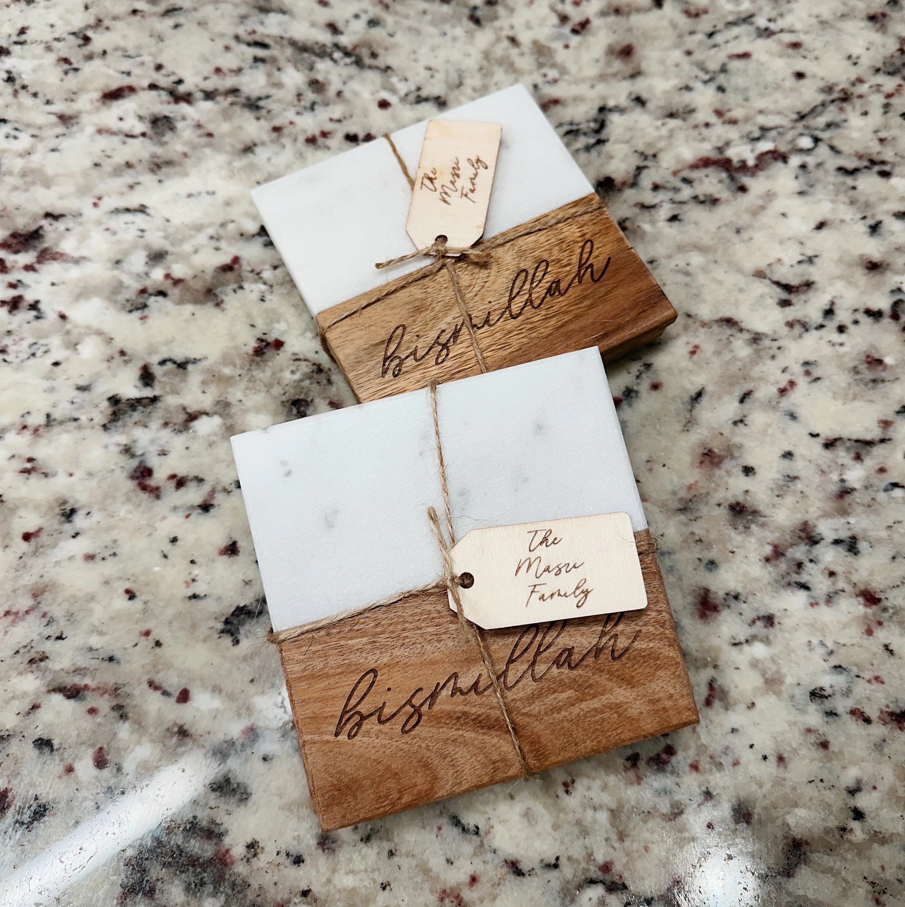 Bismillah Wood/Marble Coasters | 4”x4” | Laser Engraved | Islamic Gift | Muslim | Eid | Holiday